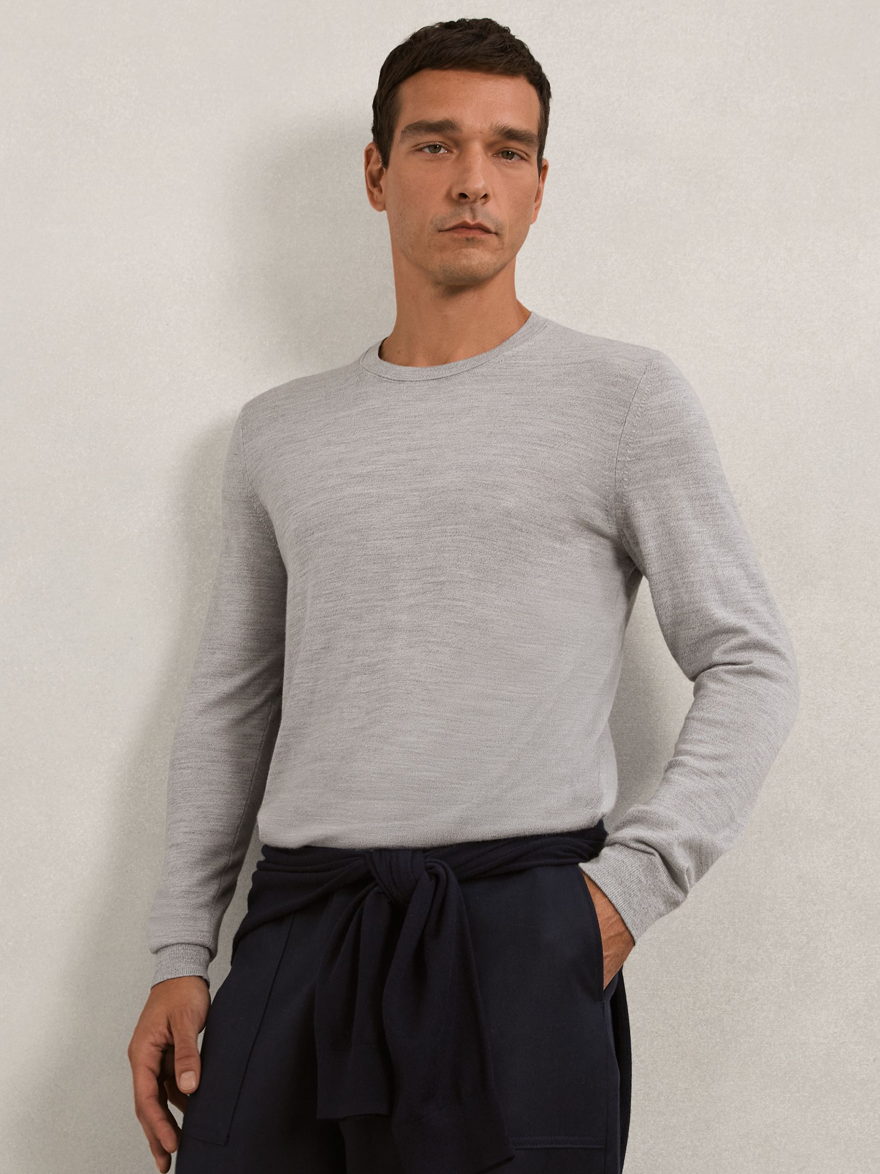 Merino Wool Crew Neck Jumper in Soft Grey Mouline