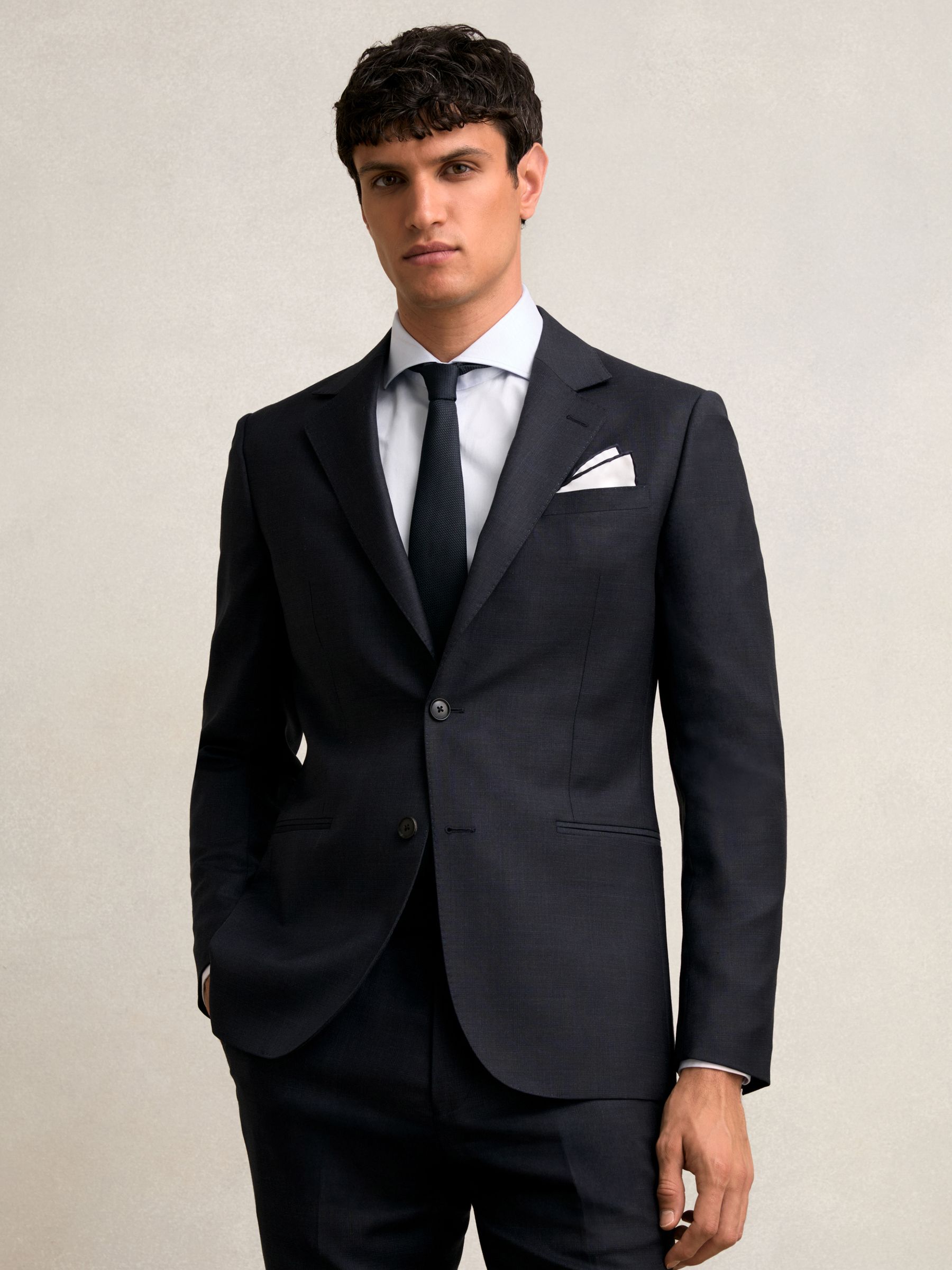 Slim-Fit Wool Single Breasted Check Suit Blazer in Navy