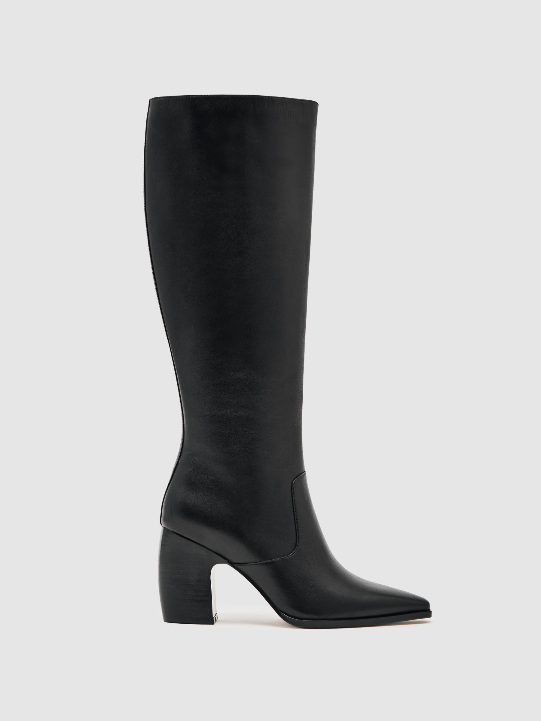 Leather Knee-High Block-Heel Boots in Black