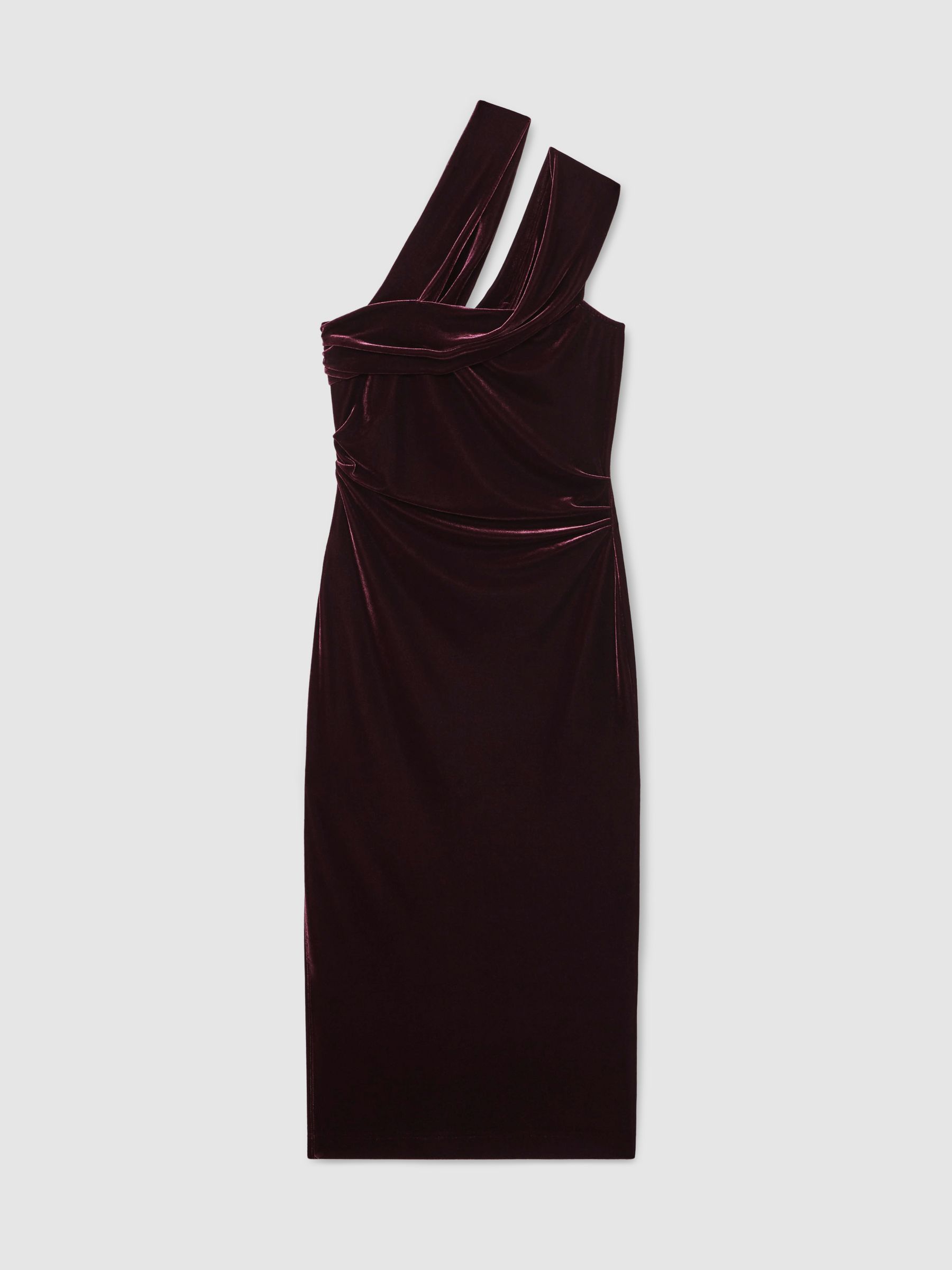Petite Velvet One-Shoulder Midi Dress in Burgundy