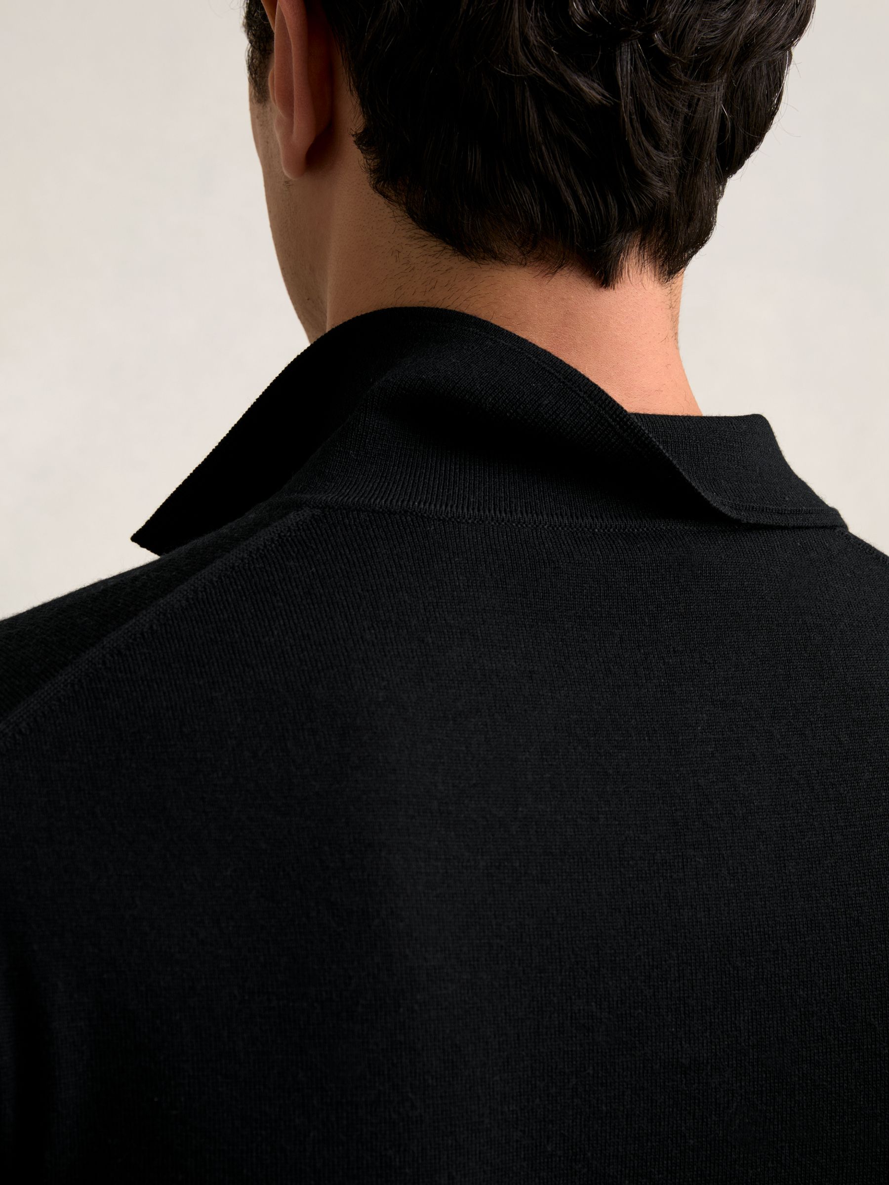 Merino Wool Open-Collar Polo Shirt in Black