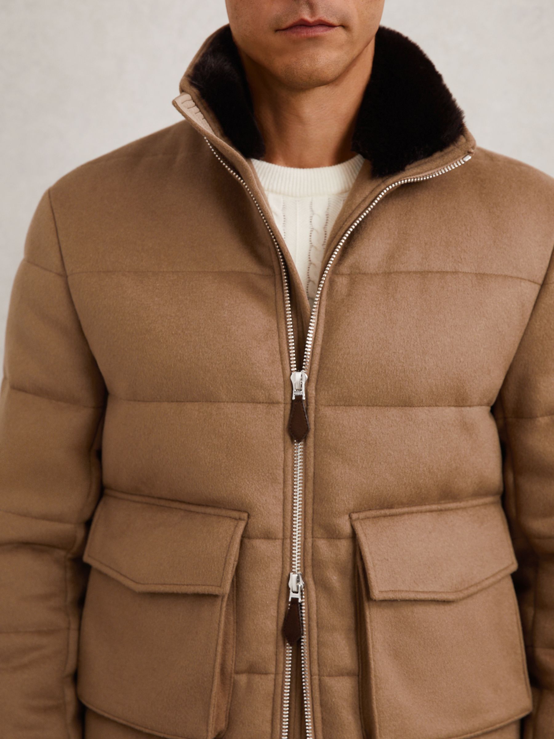 Faux-Fur Collar Quilted Puffer Jacket in Light Brown
