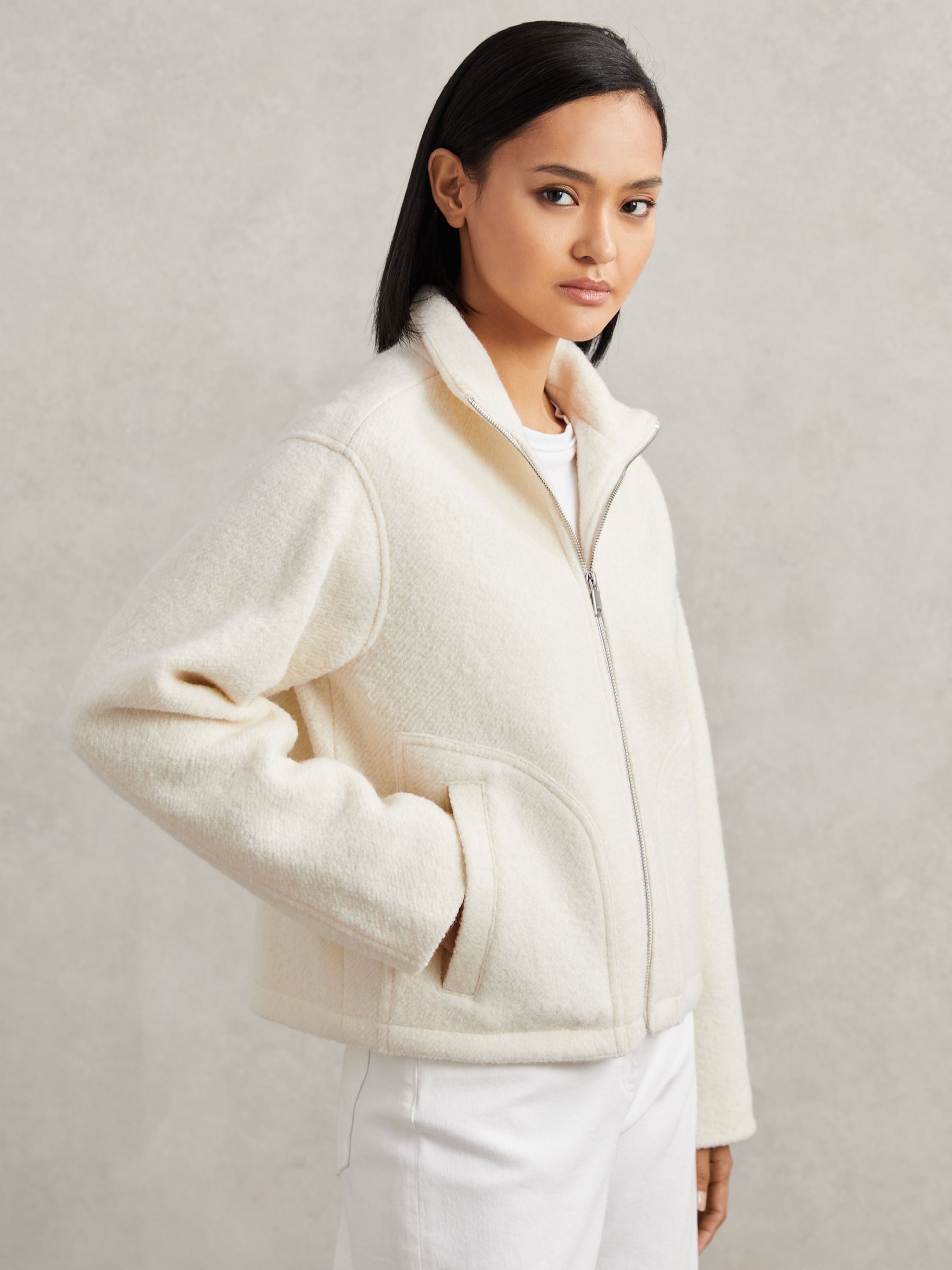 Wool Felted Funnel-Neck Jacket in Cream