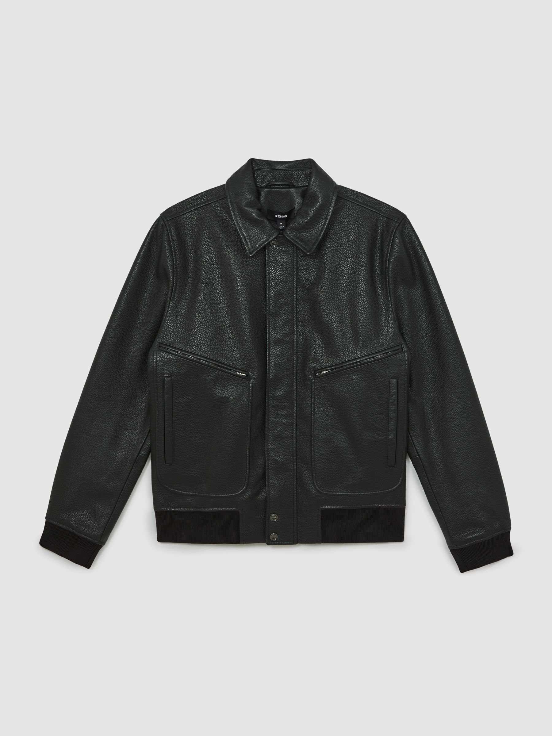 Grained Leather Zip Through Jacket in Black