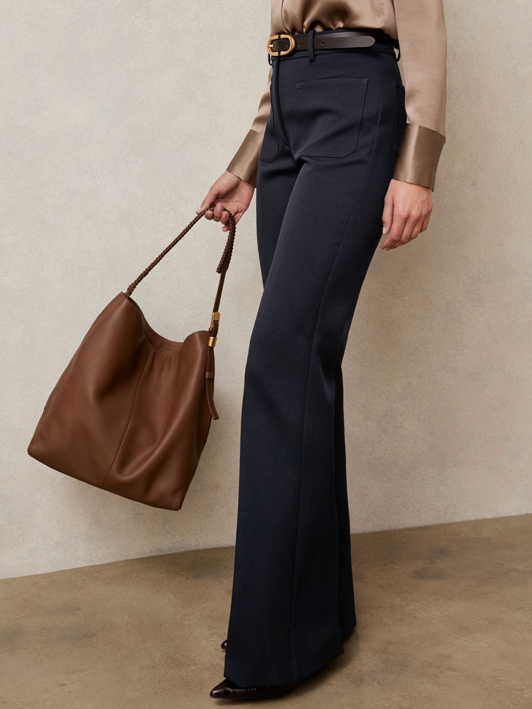 Petite Twill Patch-Pocket Flared Trousers in Green