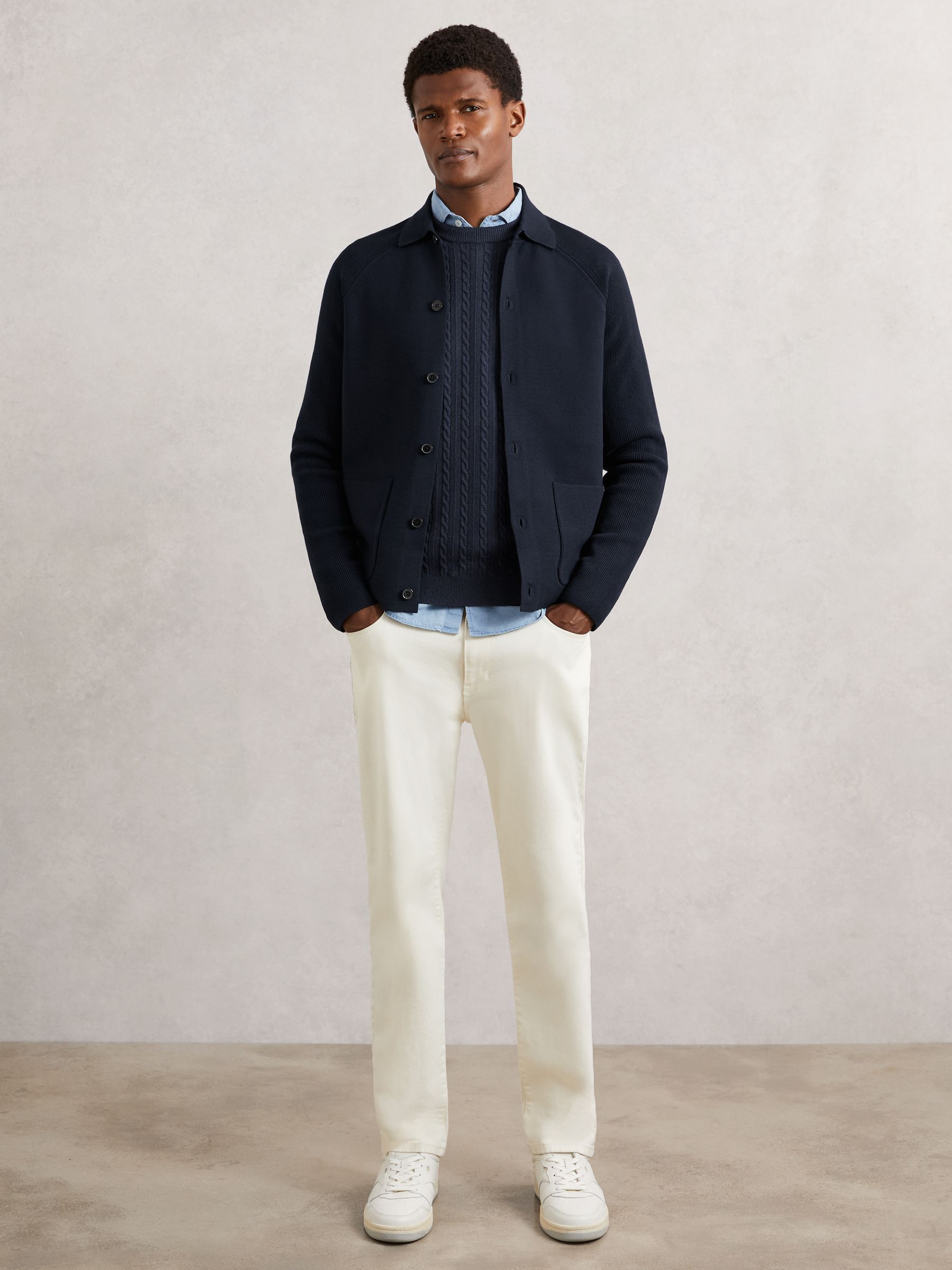 Button-Through Ribbed-Sleeve Cardigan in Navy Blue