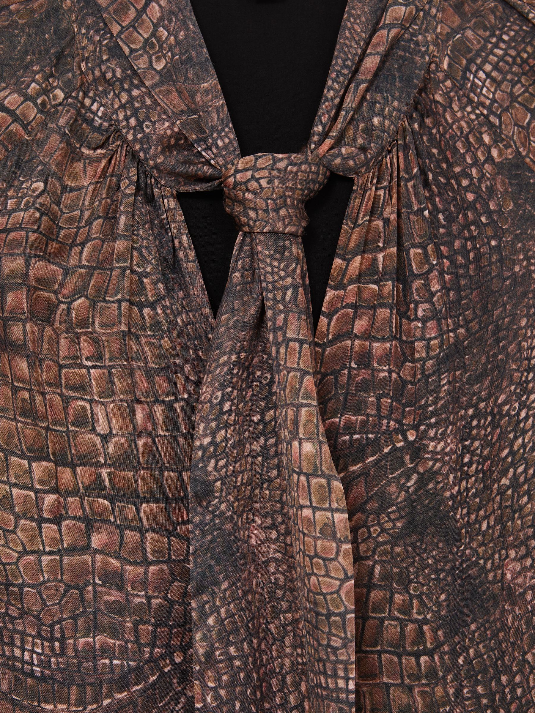 Crocodile-Print Tie-Neck Blouse in Brown