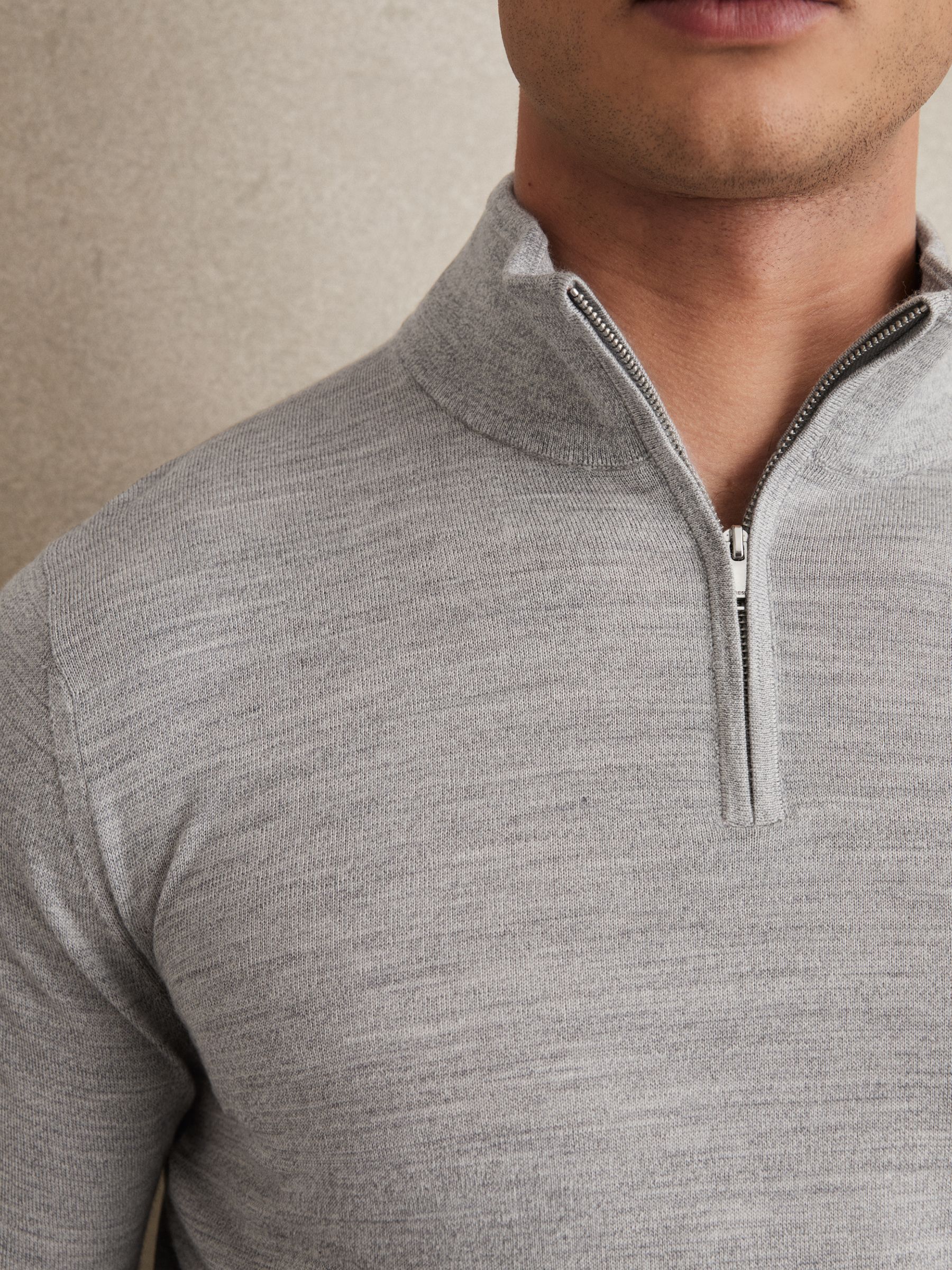 Merino Wool Half-Zip Funnel Neck Jumper in Soft Grey Mouline