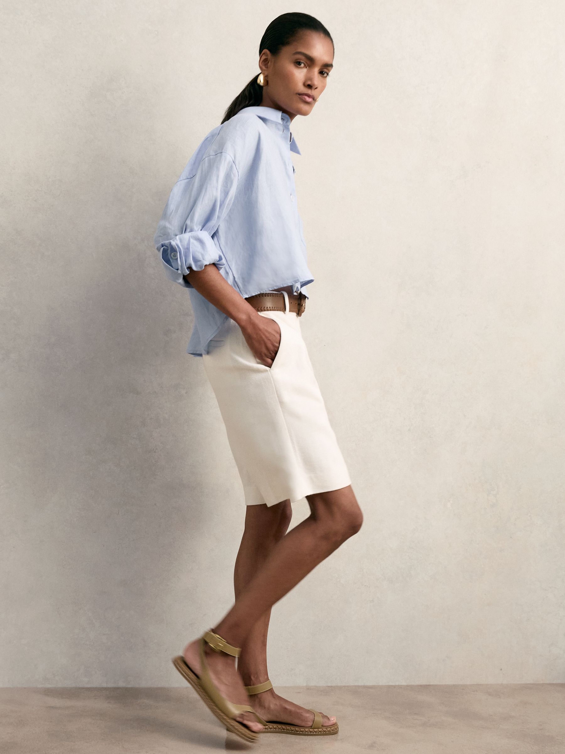 Oversize Linen Cropped Shirt in Blue