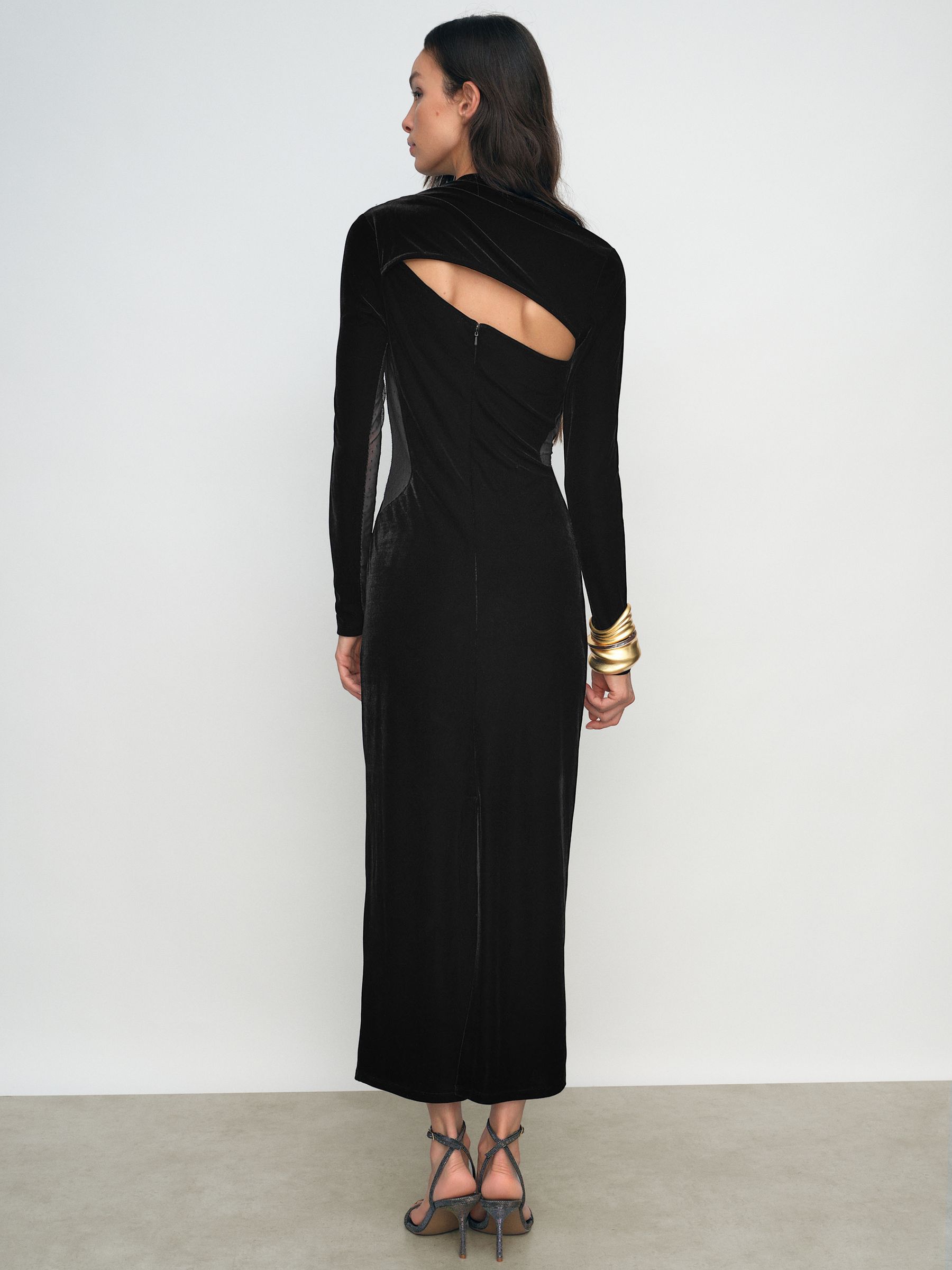 Velvet Sheer-Panel Cut-Out Midi Dress in Black