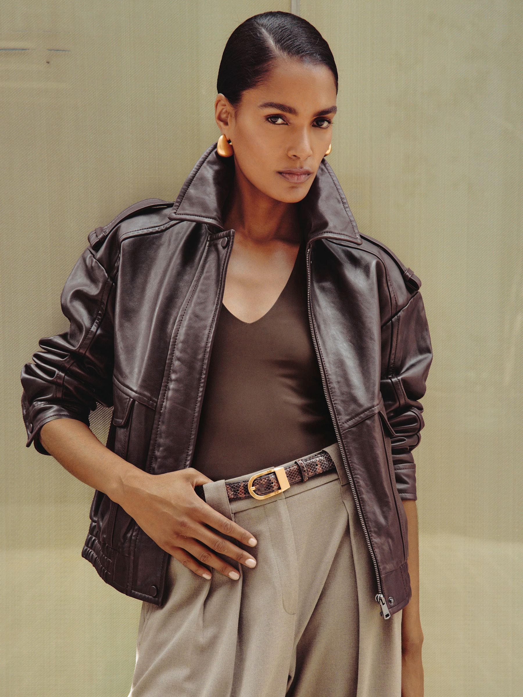 Petite Oversized Leather Jacket in Aubergine