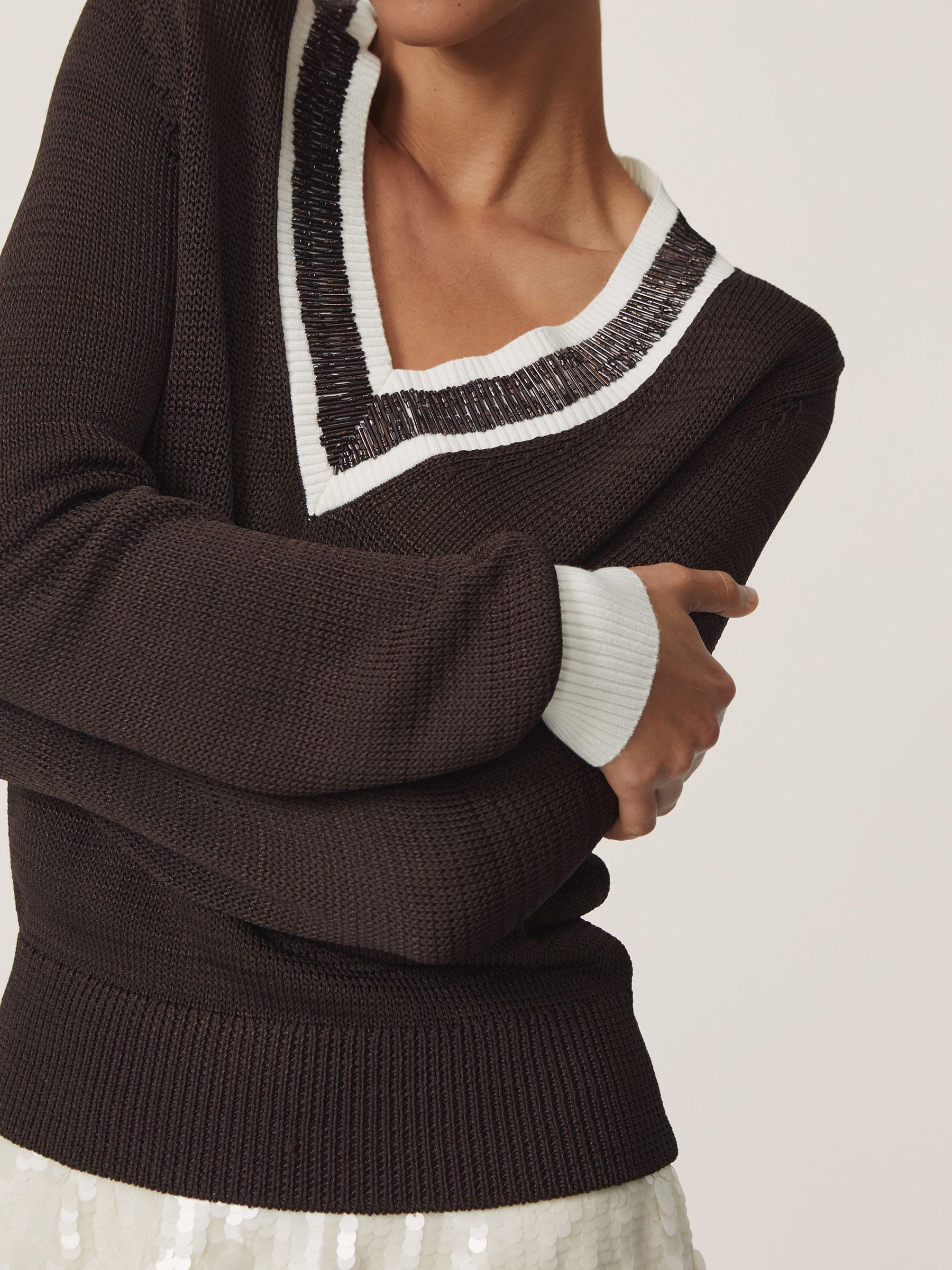 Bead-Detail V-Neck Knitted Jumper in Chocolate Brown