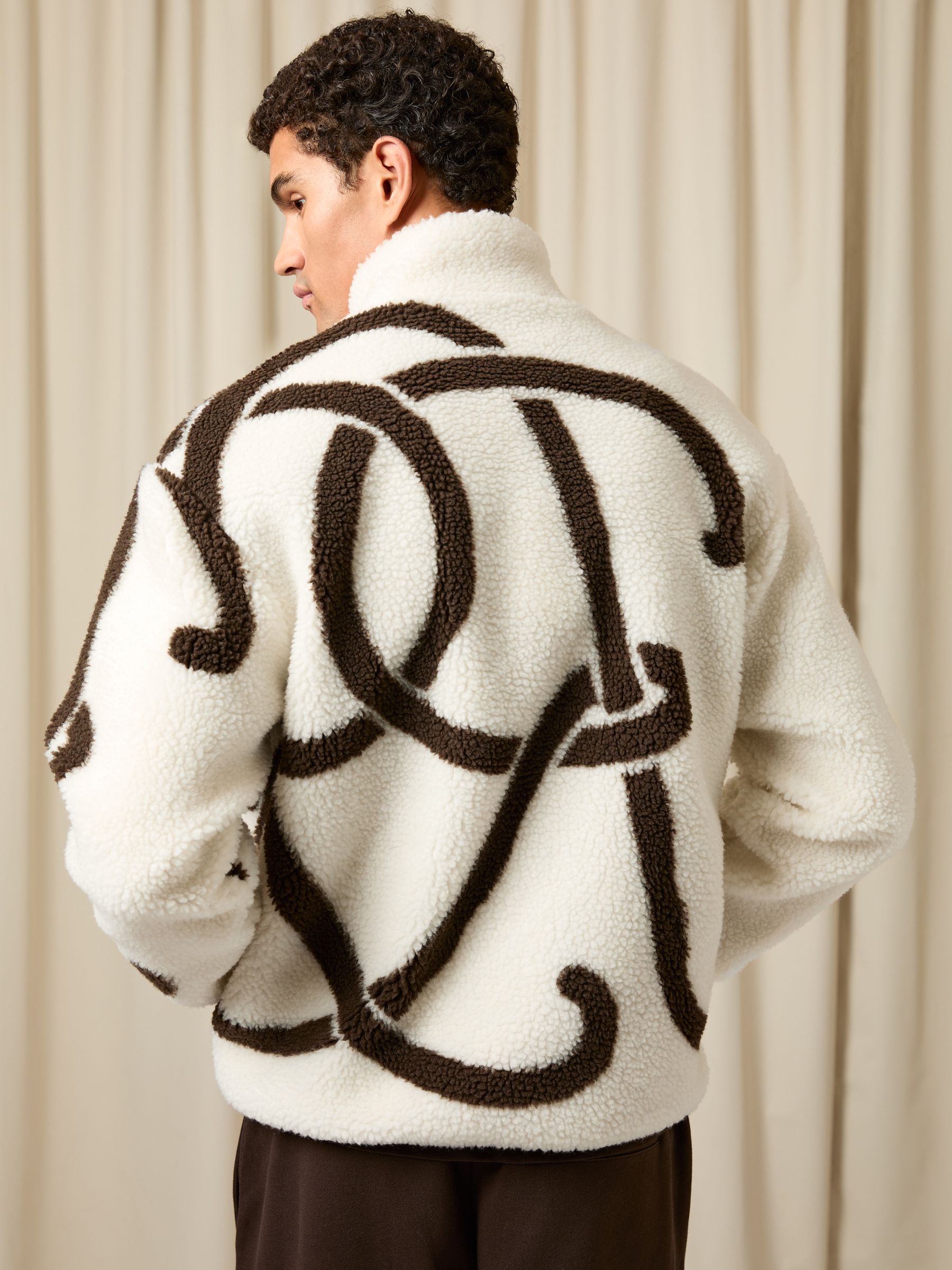 Monogram Motif Relaxed Fleece Jacket in White/Brown