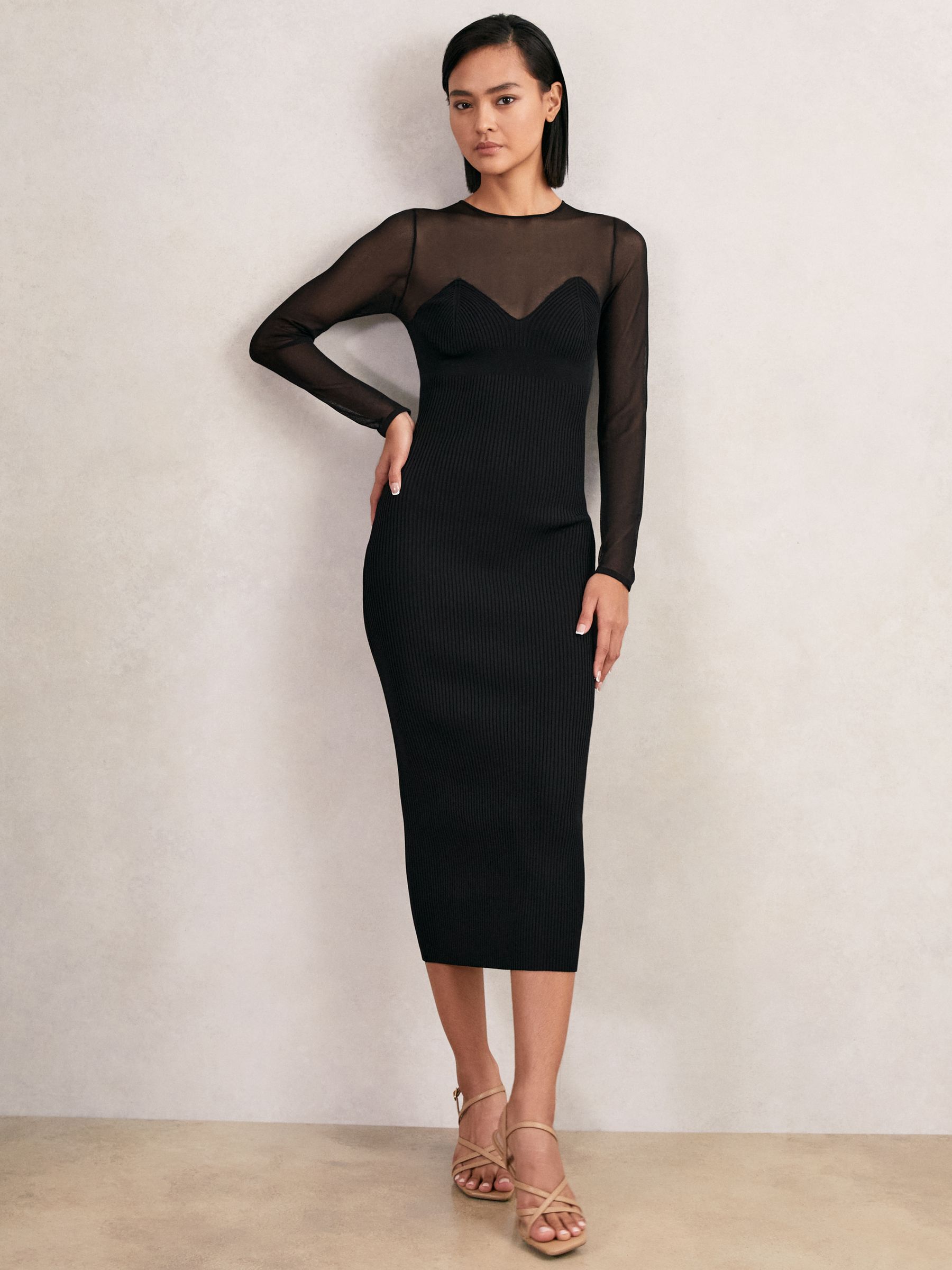 Mesh Rib-Knit Sweetheart Midi Dress in Black