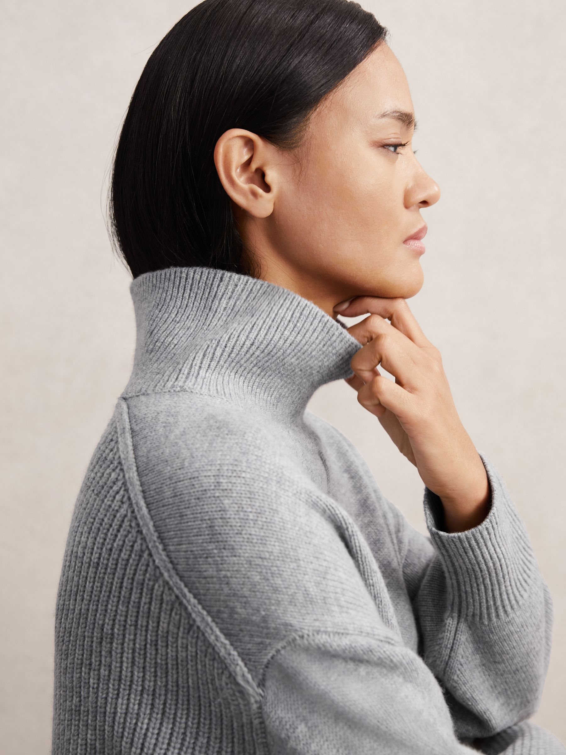 Wool Zip-Detail Funnel-Neck Jumper in Grey