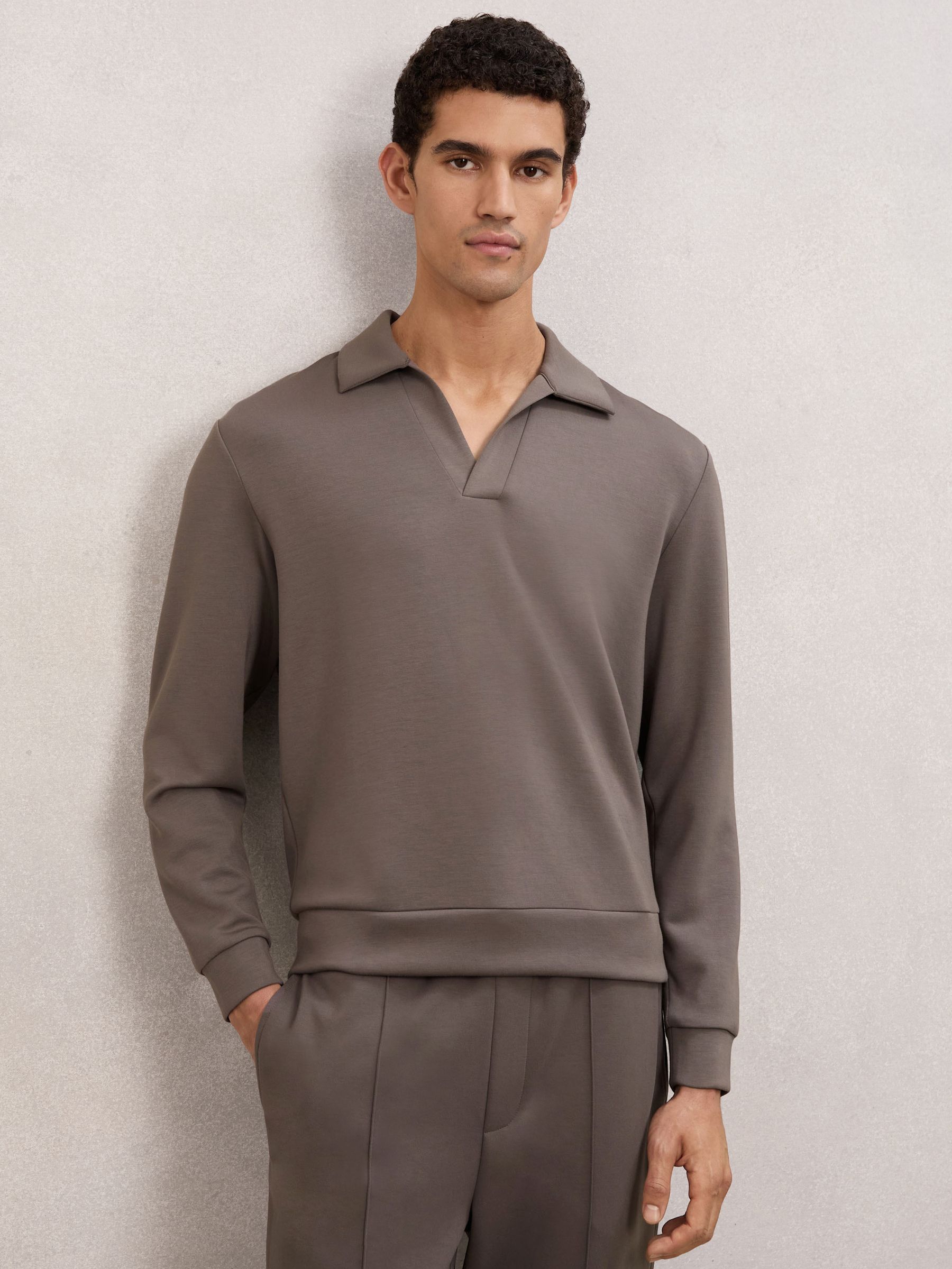 Interlock Open-Collar Polo Sweatshirt in Light Brown