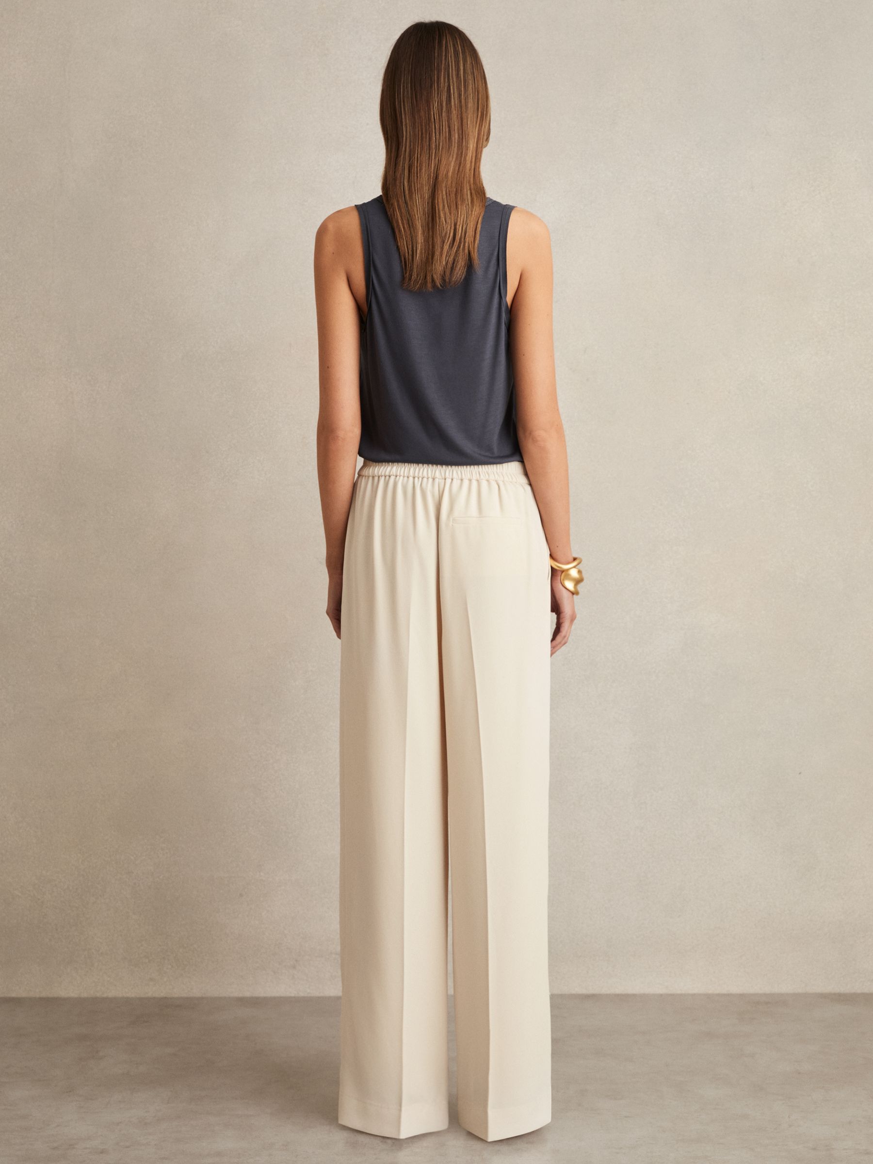 Elasticated-Waist Wide-Leg Twill Trousers in Cream