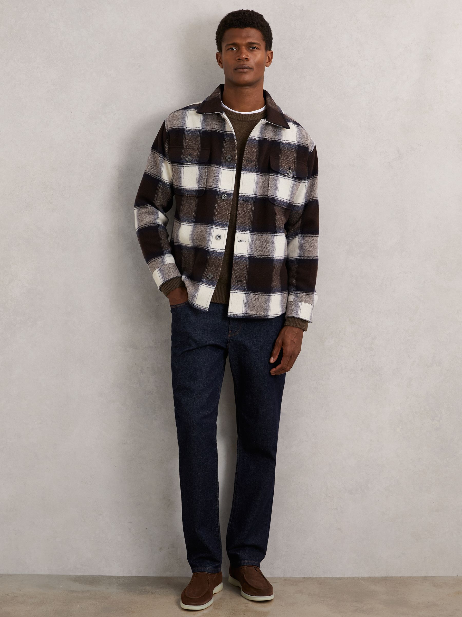 Wool-Blend Check Overshirt in Navy Multi