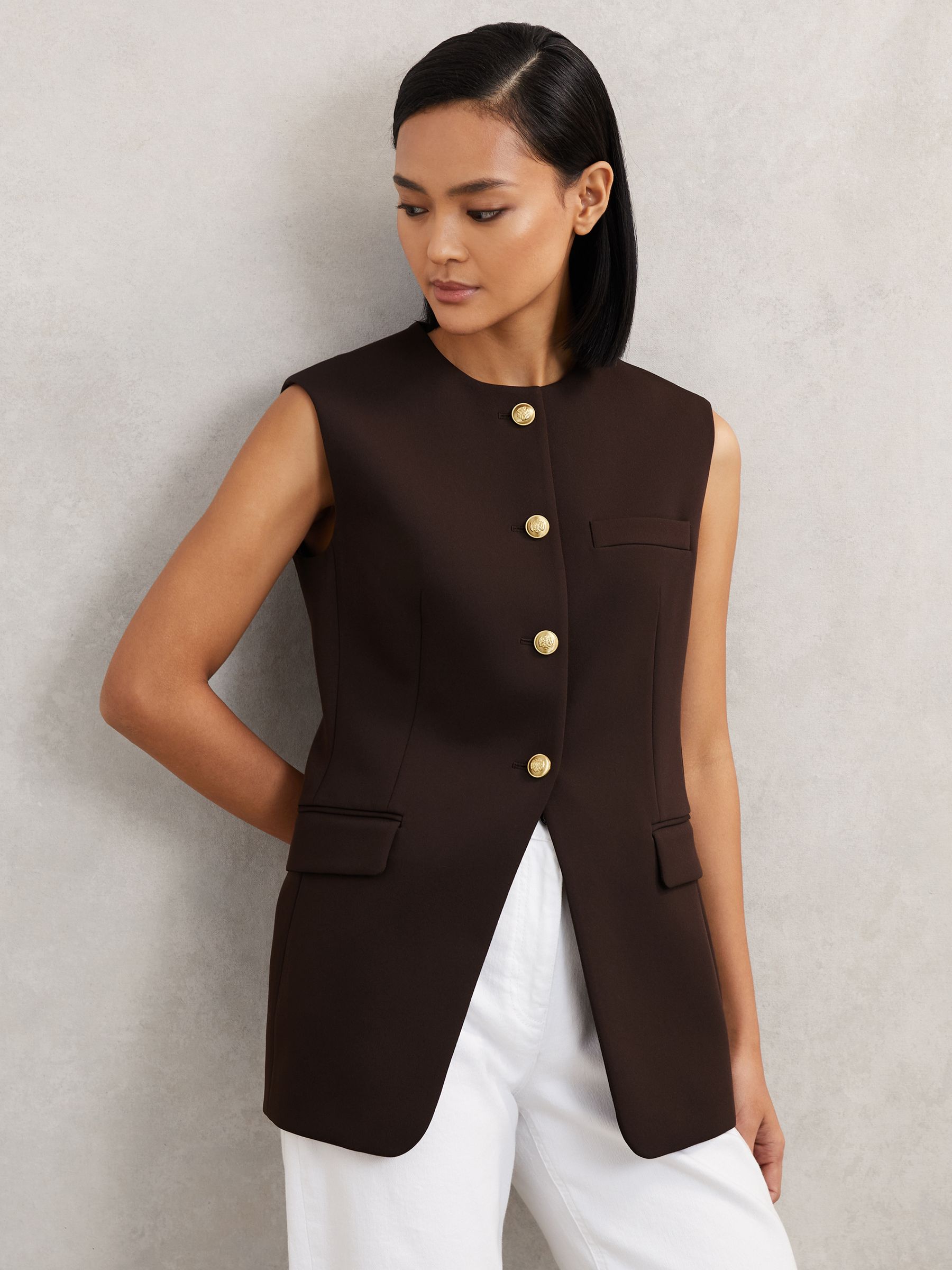 Longline Button-Through Waistcoat in Chocolate Brown