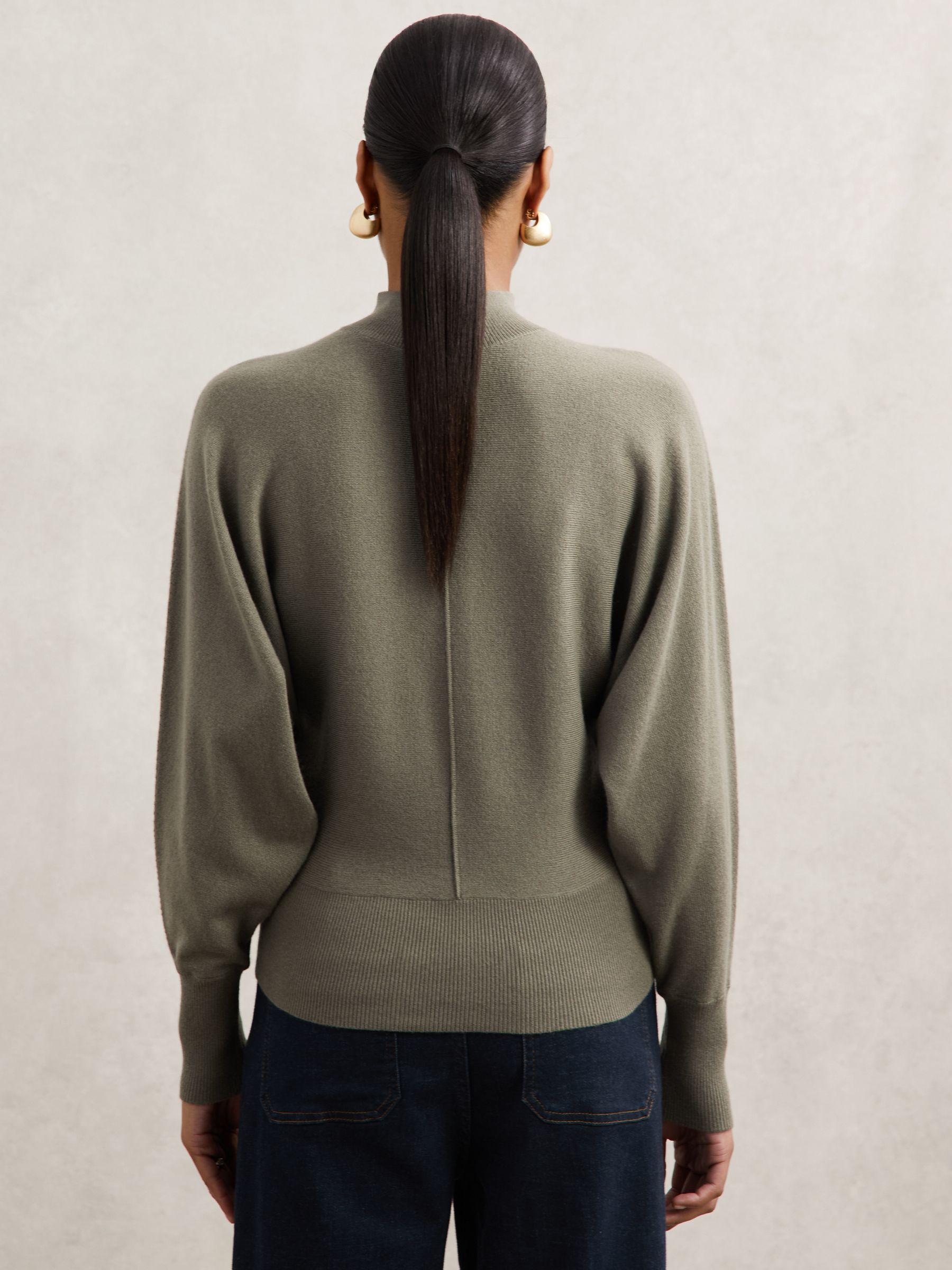 Wool-Blend Funnel-Neck Batwing Jumper with Cashmere in Sage Green