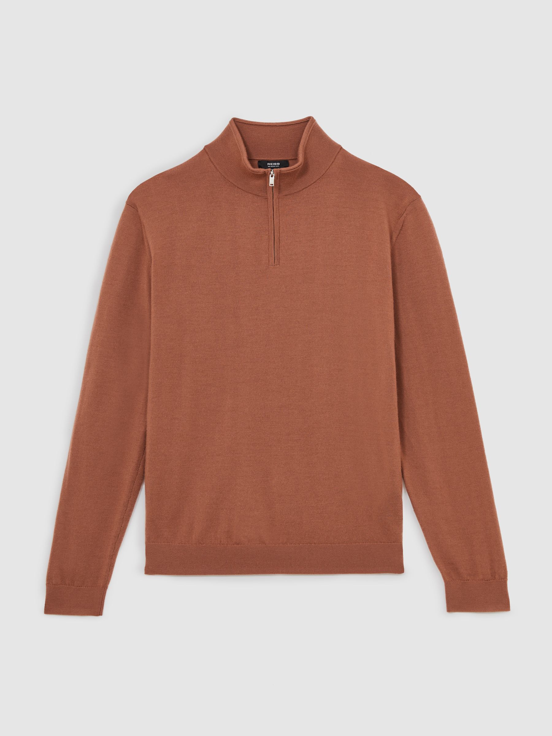 Merino Wool Half-Zip Funnel Neck Jumper in Cinnamon Brown
