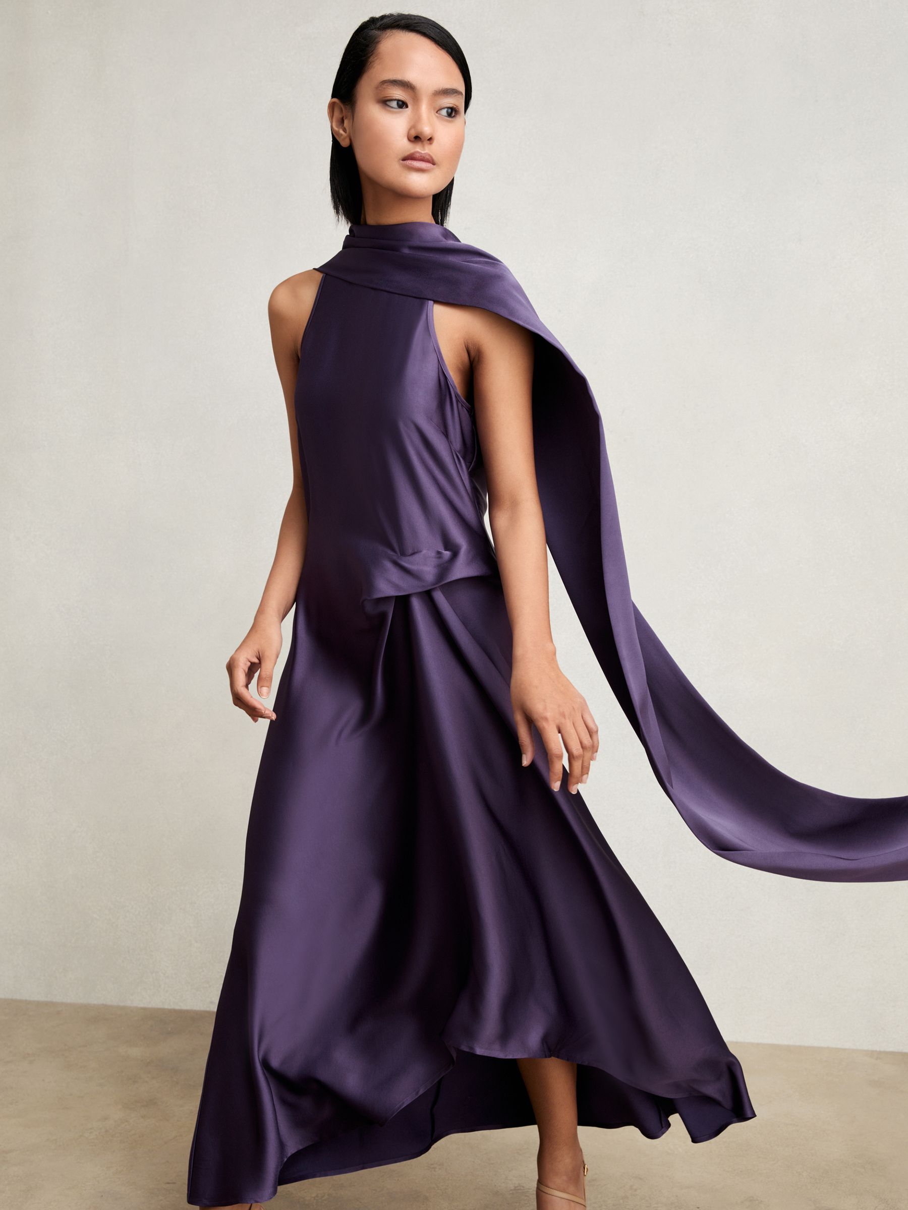 Petite Satin Tuck-Detail Cape Midi Dress in Purple