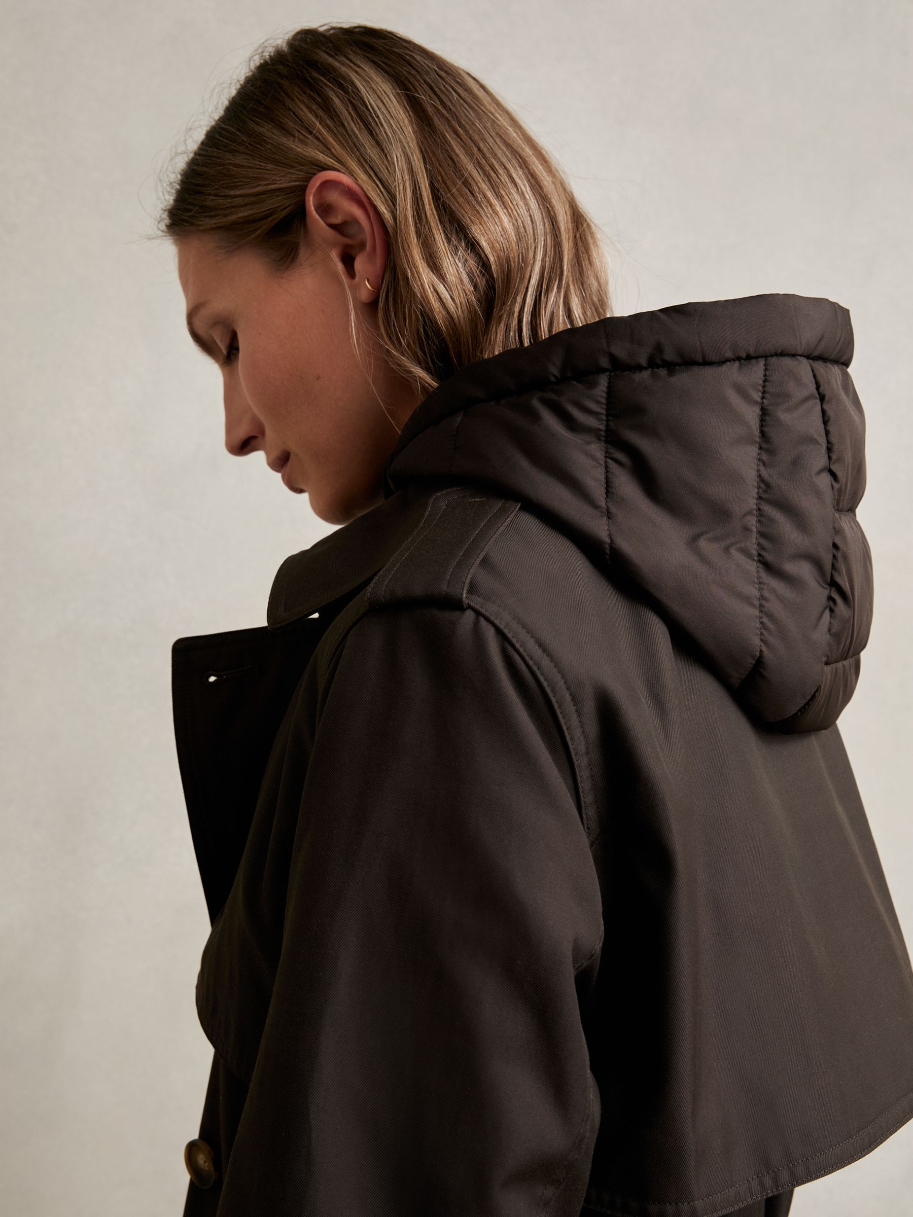 Petite Hooded Insert Trench Coat in Chocolate Brown