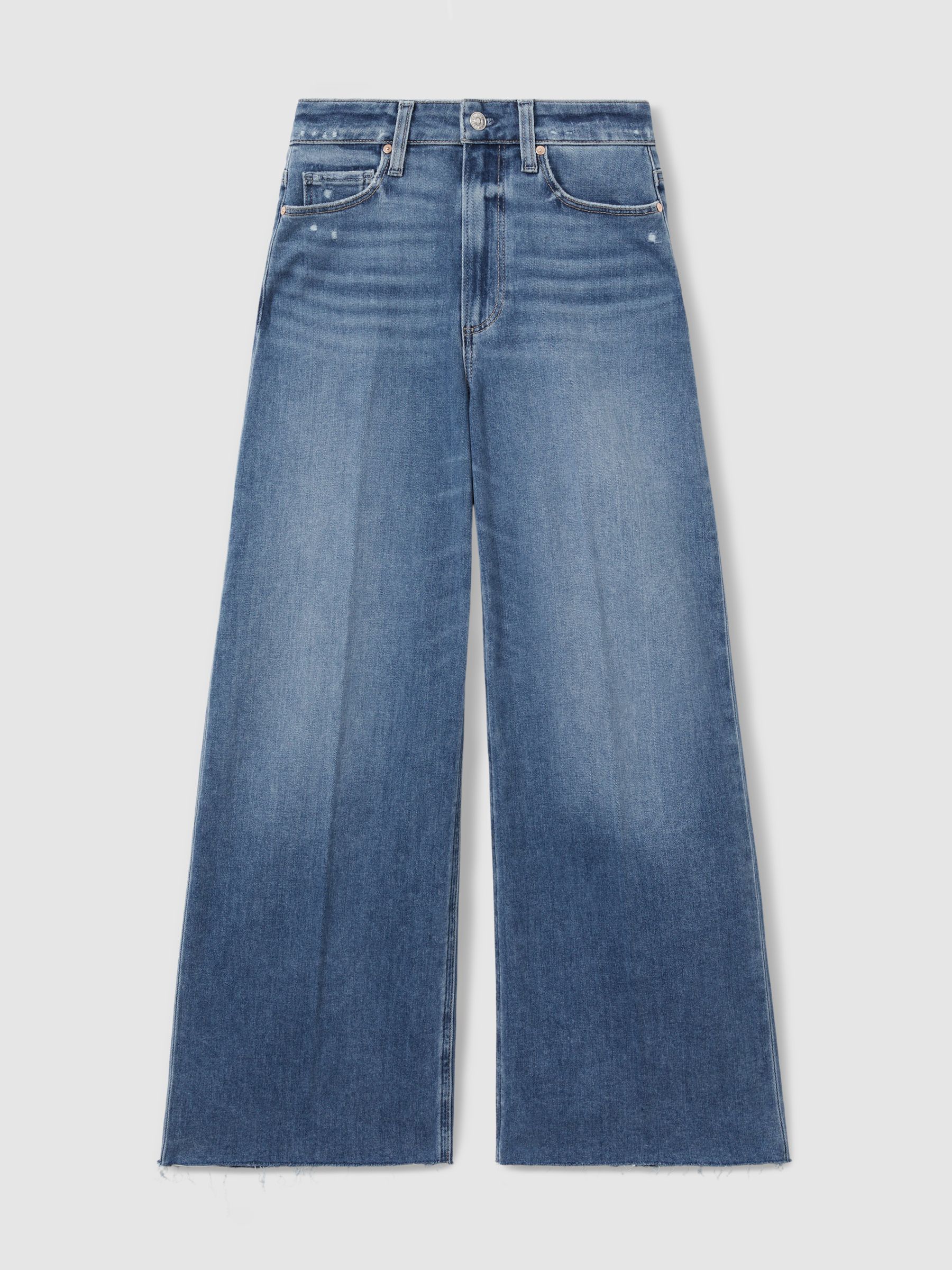 Paige Wide Leg Raw Hem Cropped Jeans in Rock Show Blue
