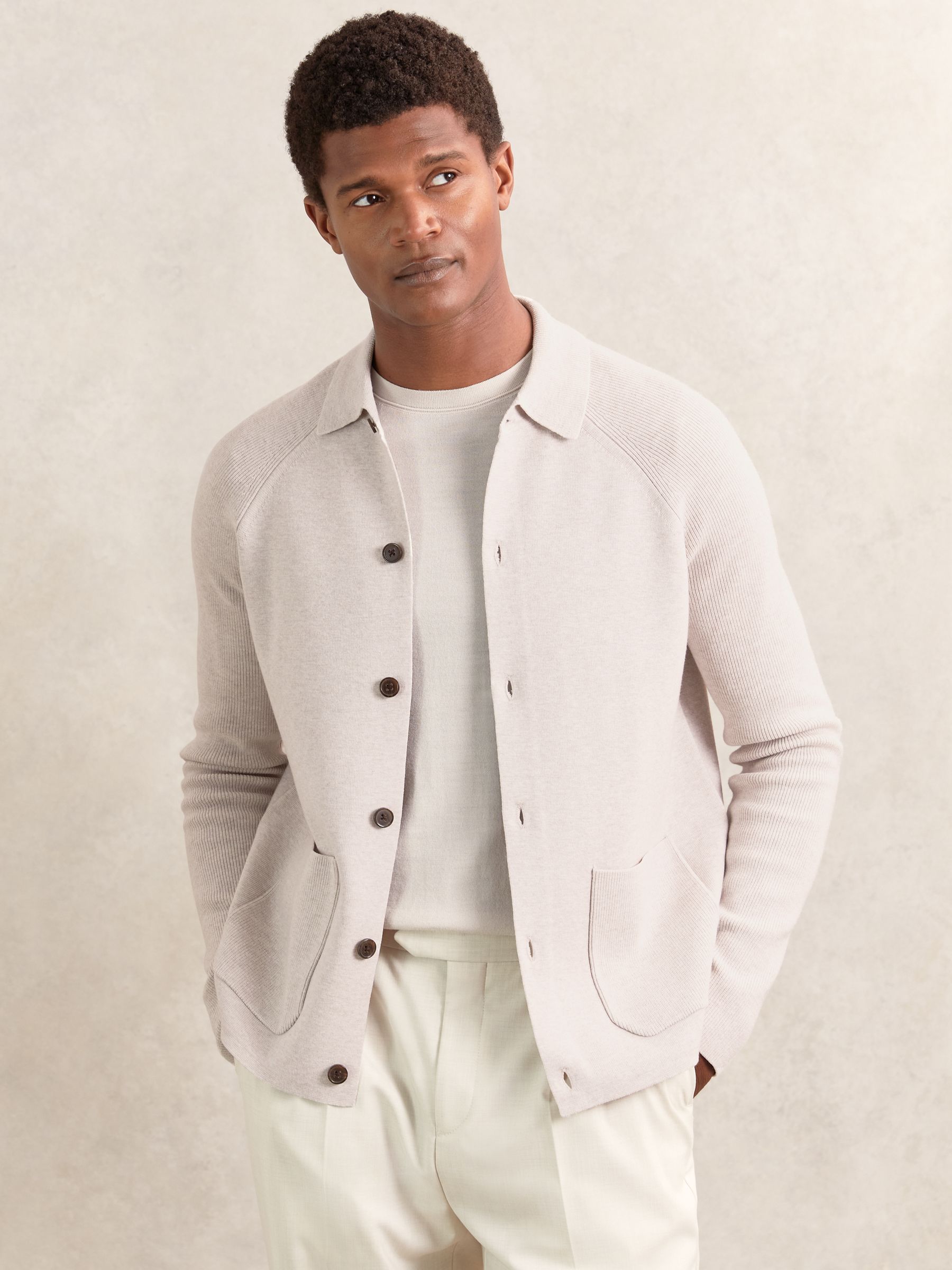 Button-Through Ribbed-Sleeve Cardigan in Navy Blue