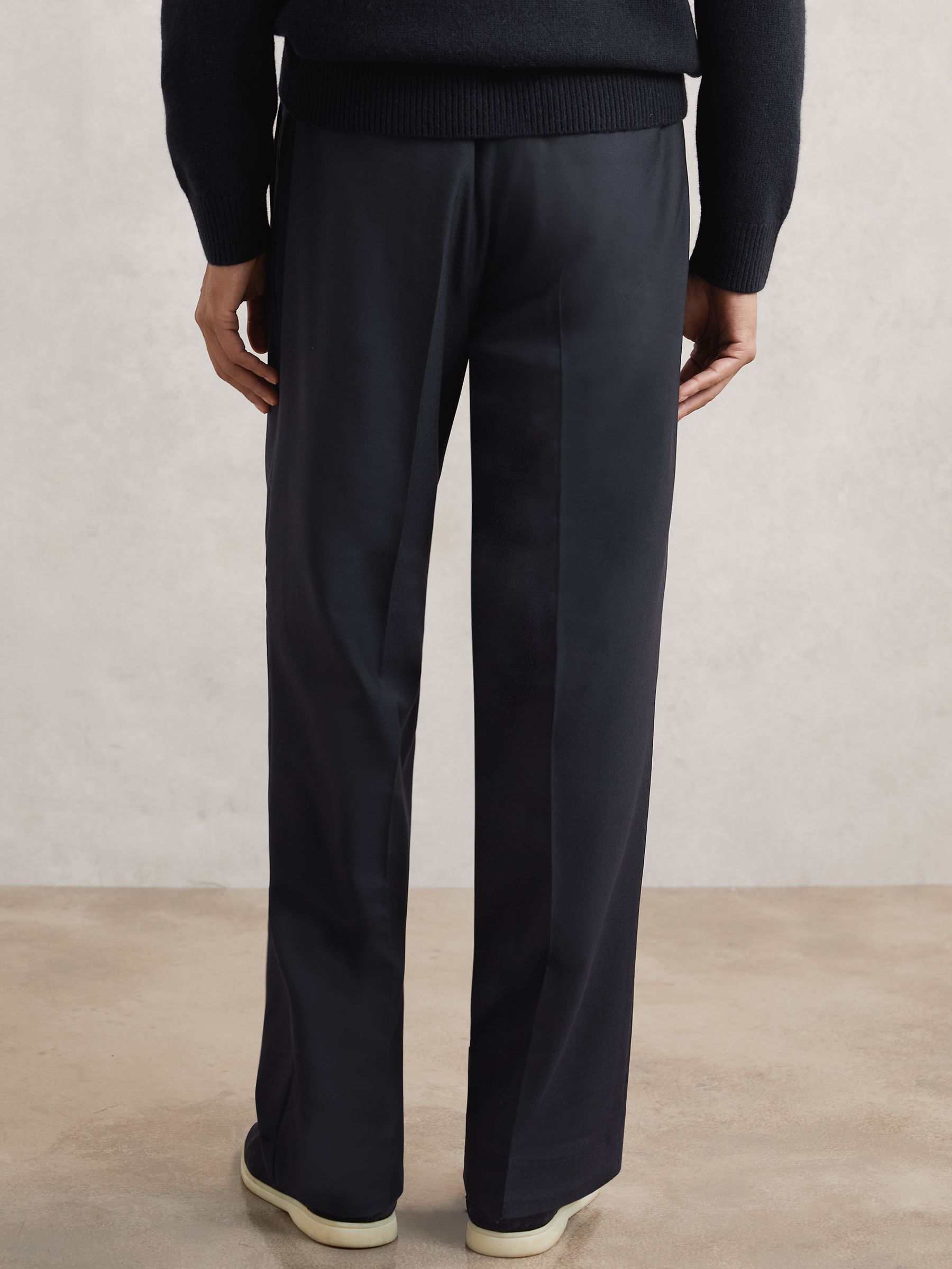 Wide Leg Pleated Drawstring Trousers in Navy