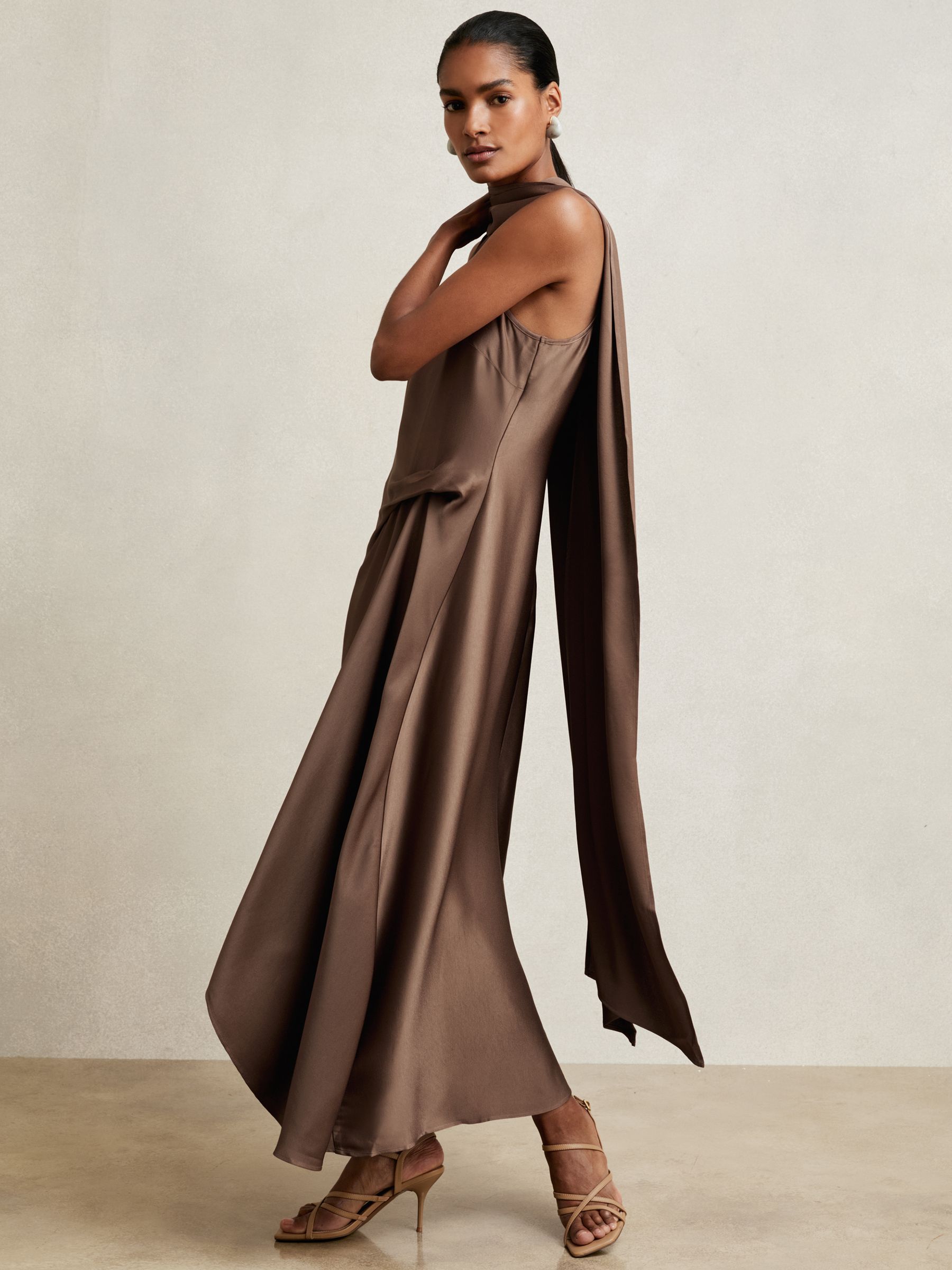 Satin Tuck-Detail Cape Midi Dress in Taupe Brown