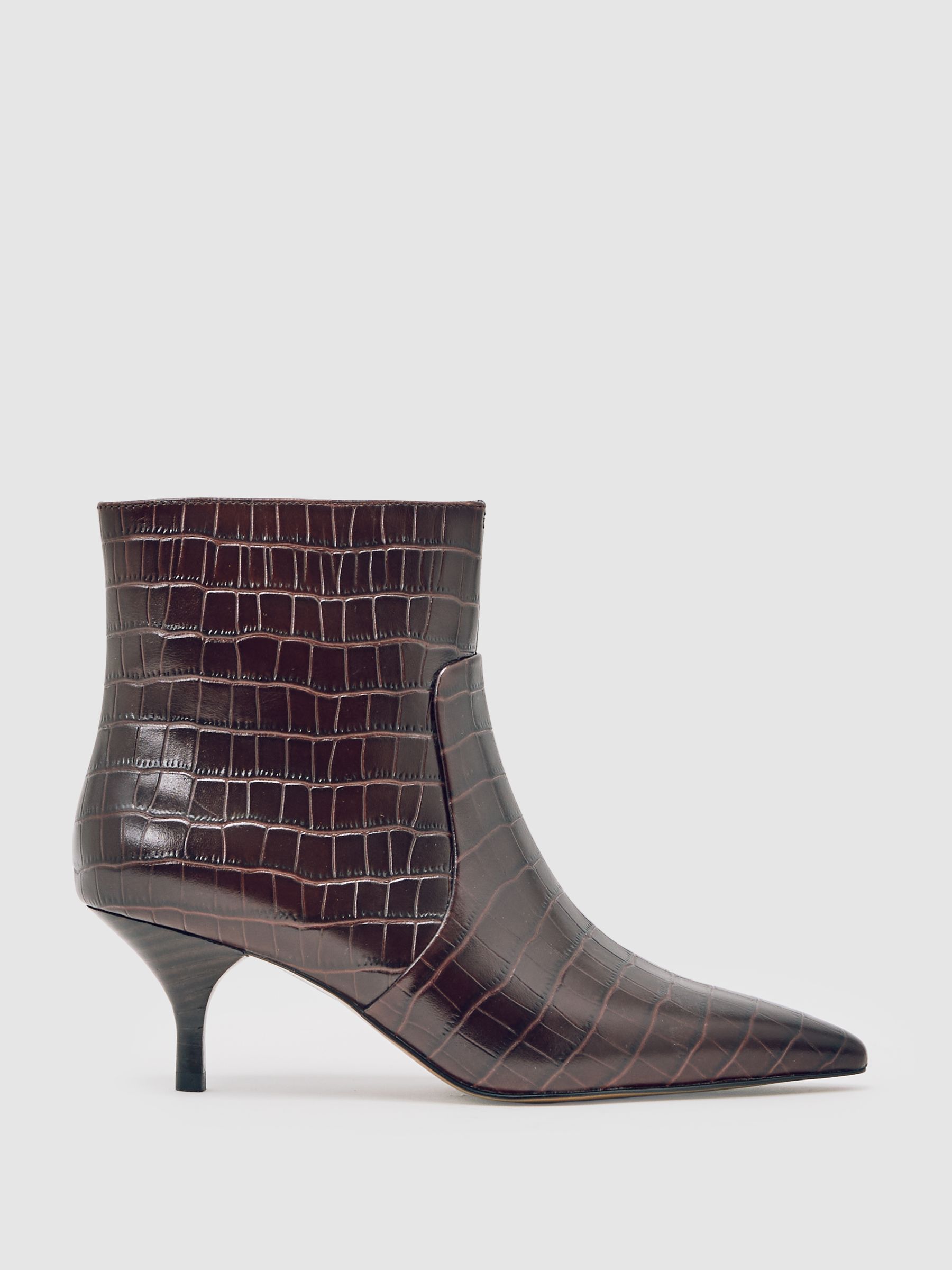 Leather Crocodile-Effect Ankle Boots in Burgundy