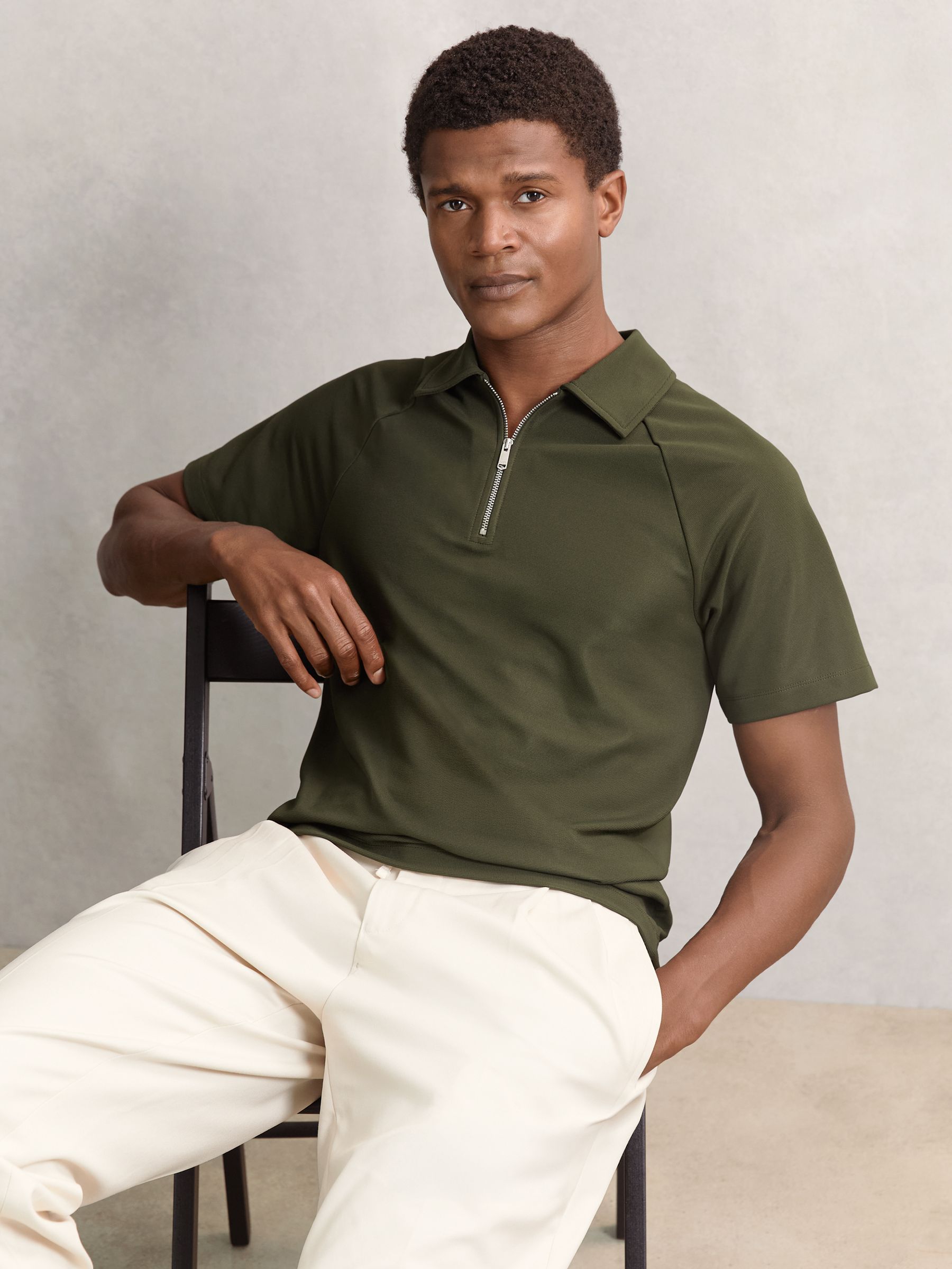 Textured Raglan Half-Zip Polo Shirt in Green