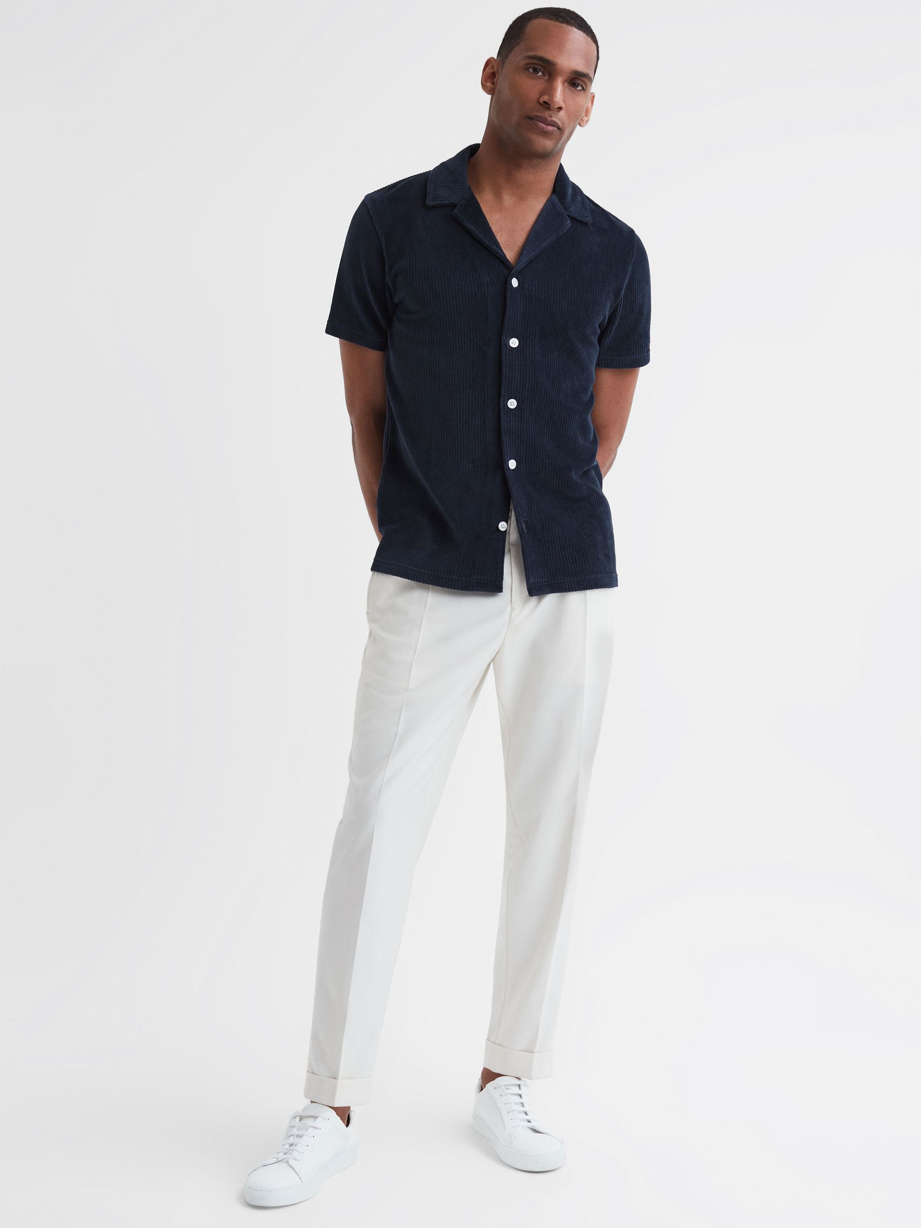 Slim Fit Cuban Collar Textured Shirt in Navy