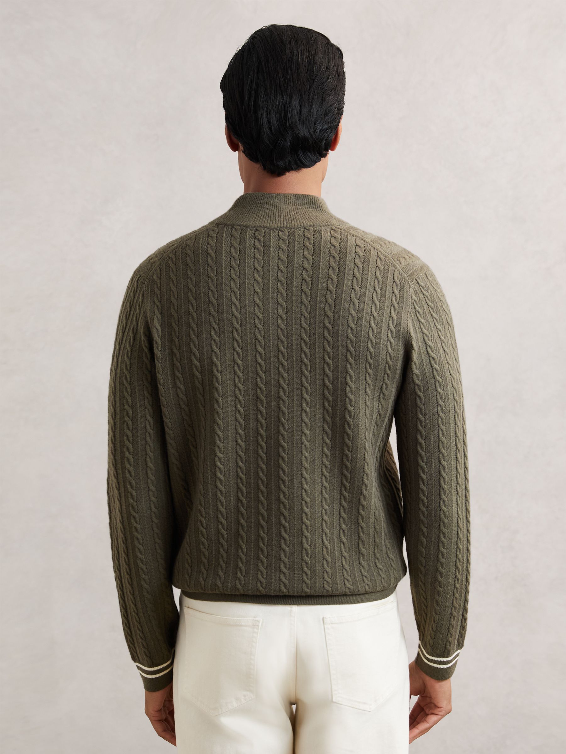 Half-Zip Cable Knit Jumper With Wool in Khaki Green