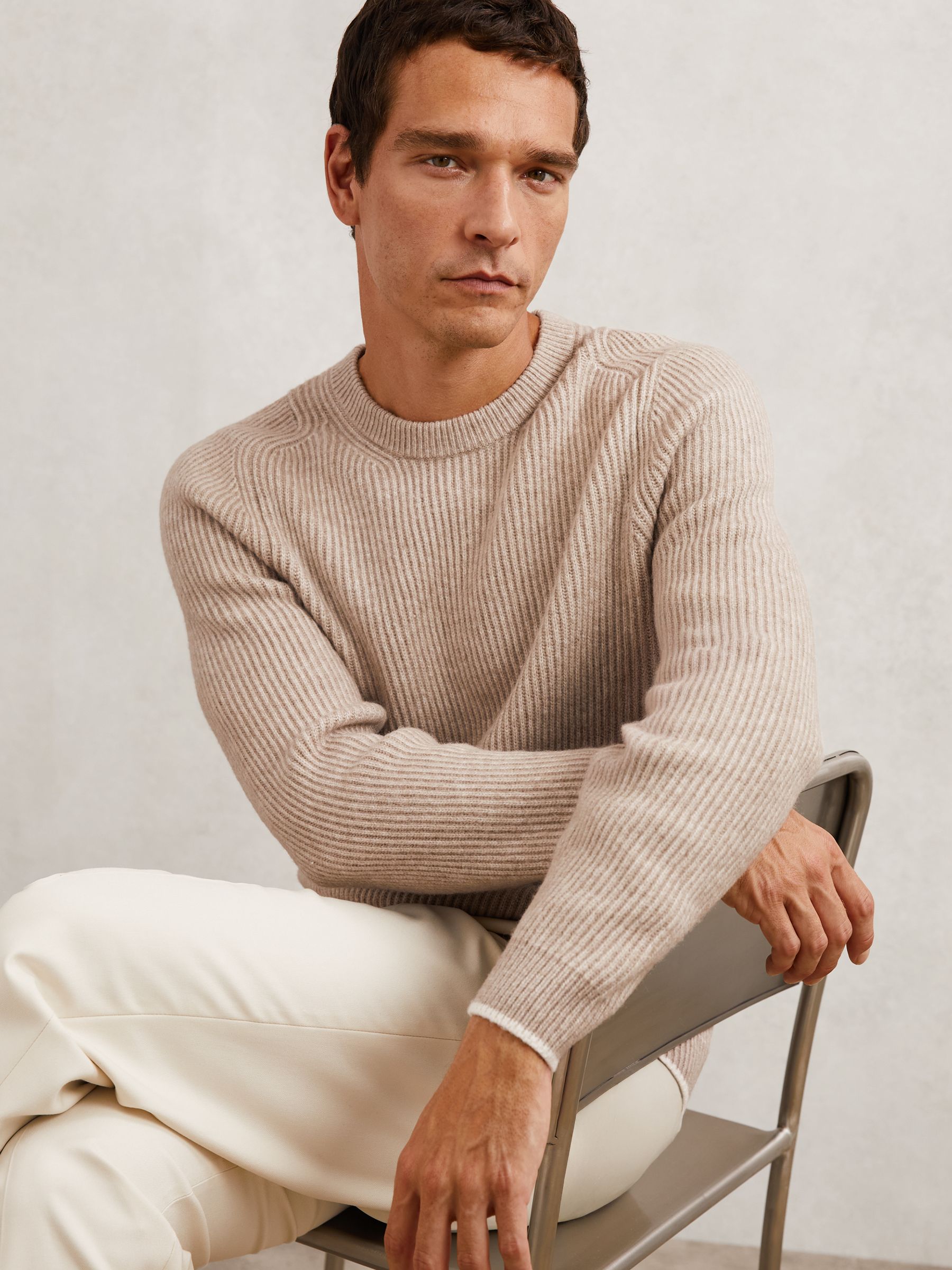 Brushed Rib-Knit Crew-Neck Jumper with Wool in Oatmeal Brown