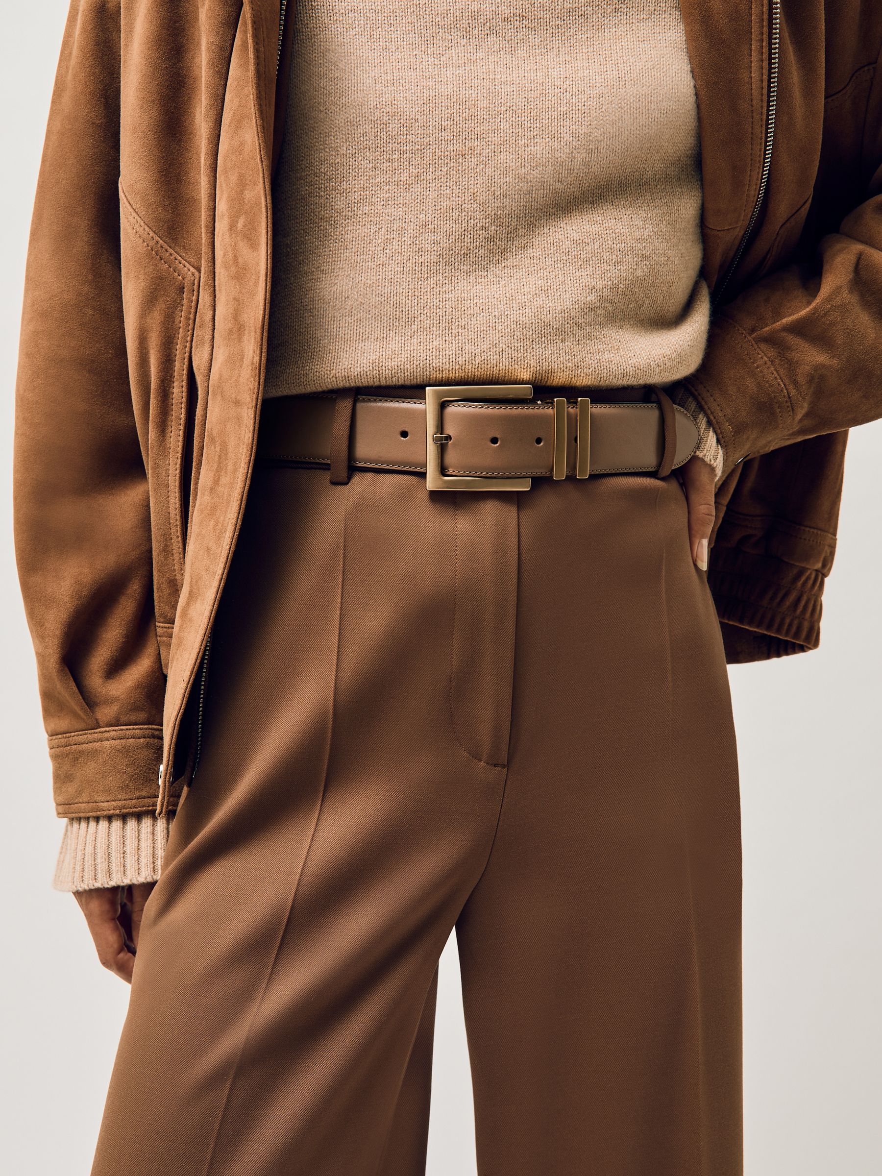 Leather Square Buckle Belt in Camel/Taupe