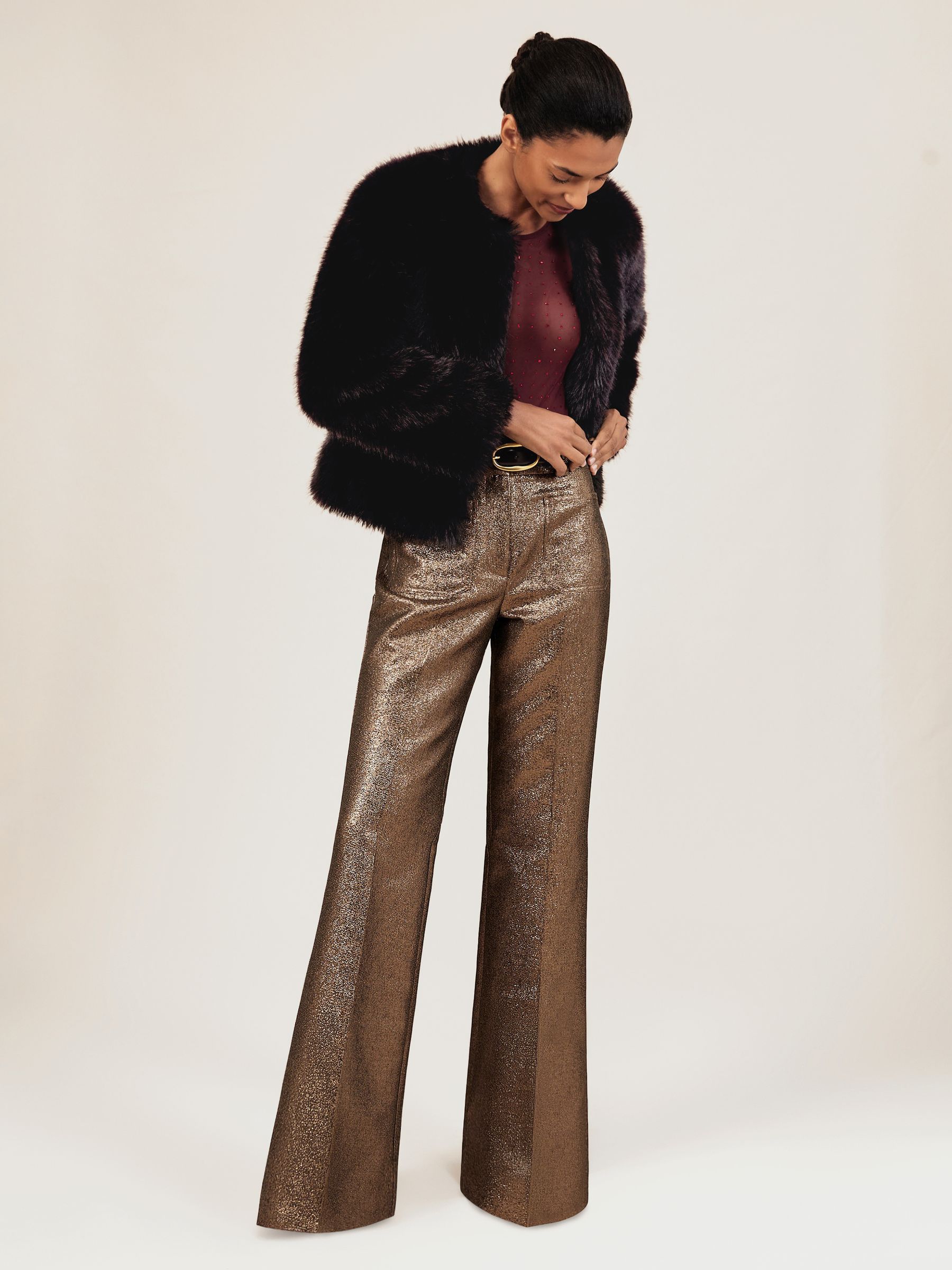 Petite Sparkle Patch-Pocket Flared Trousers in Gold