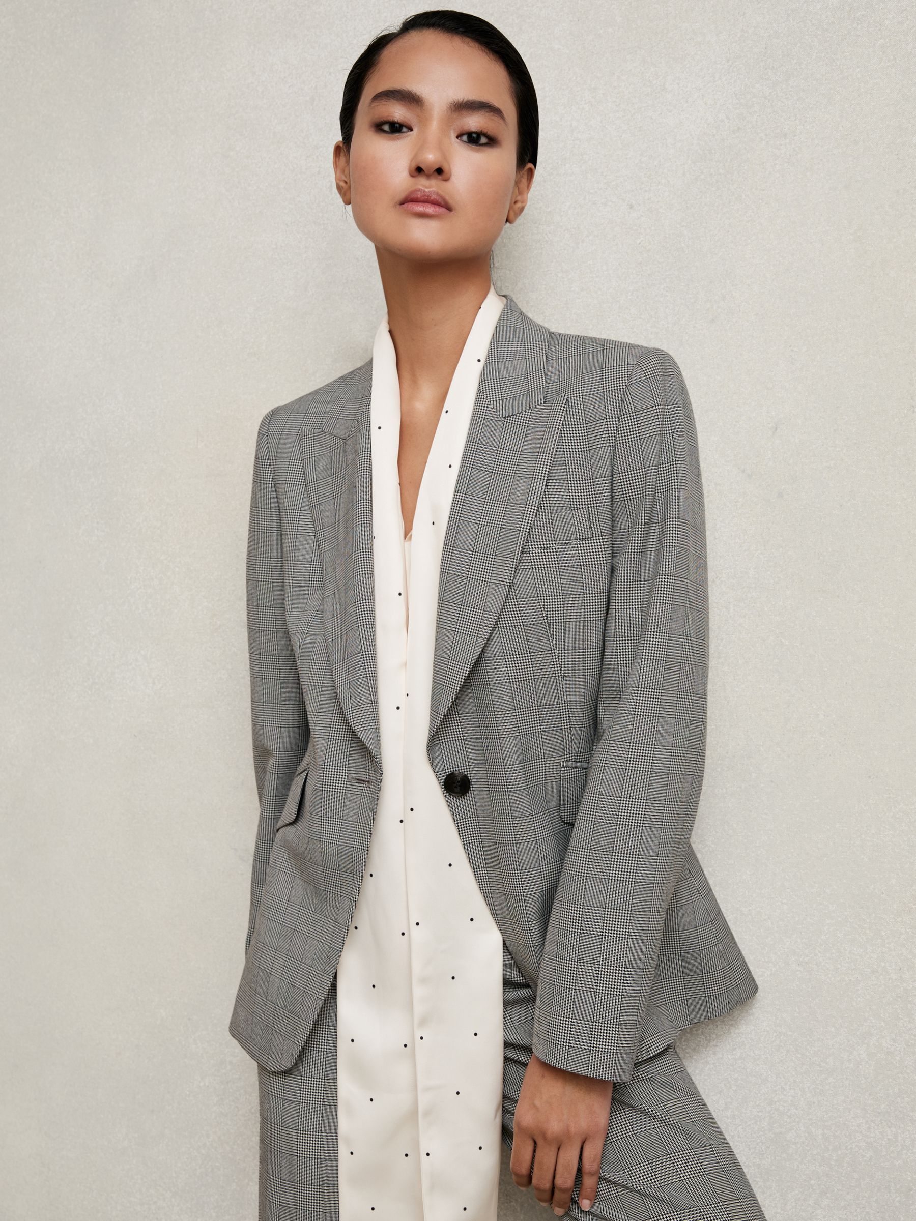 Single-Breasted Check Suit Blazer in Grey