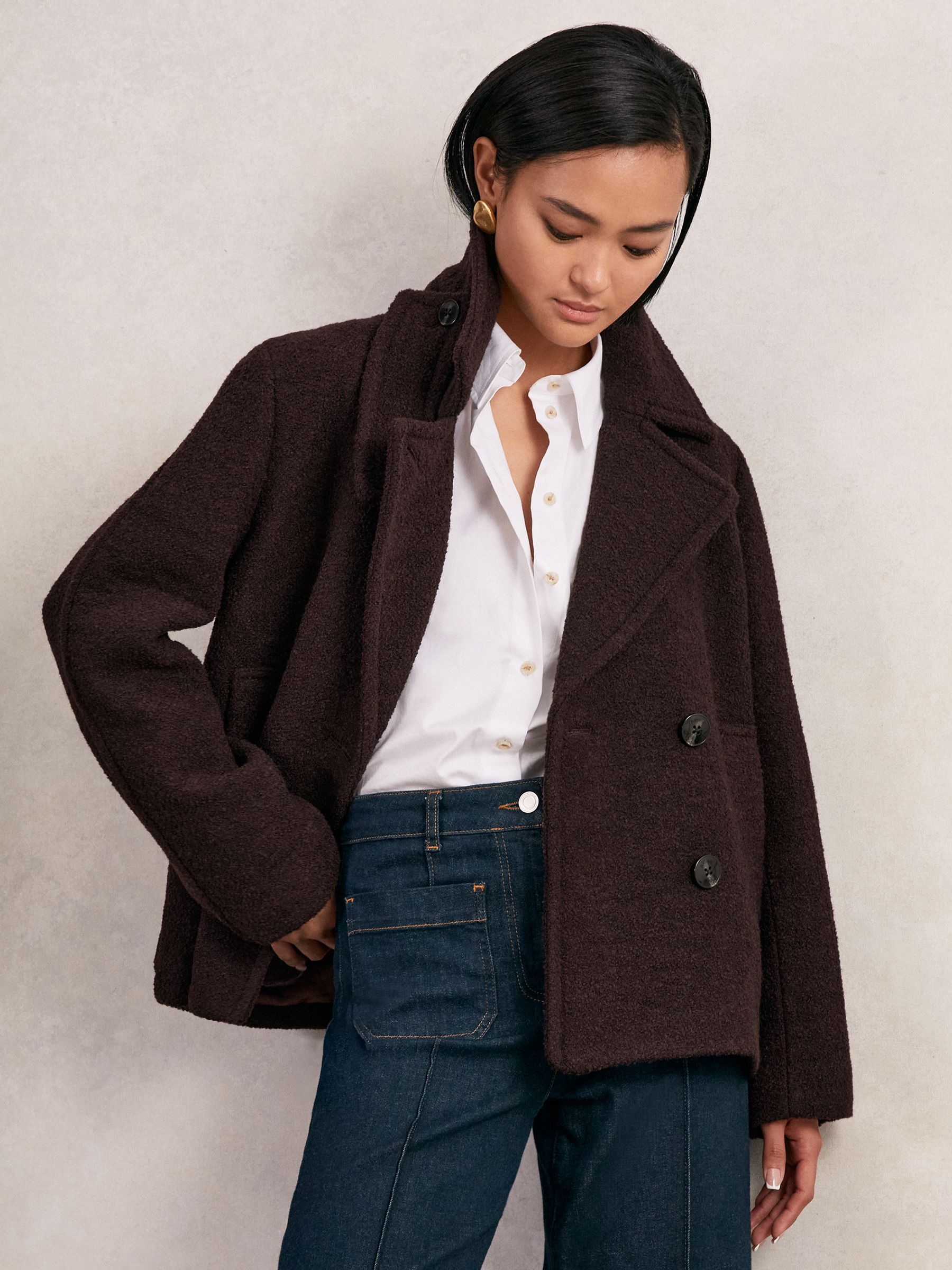 Wool-Blend Double-Breasted Short Coat in Burgundy