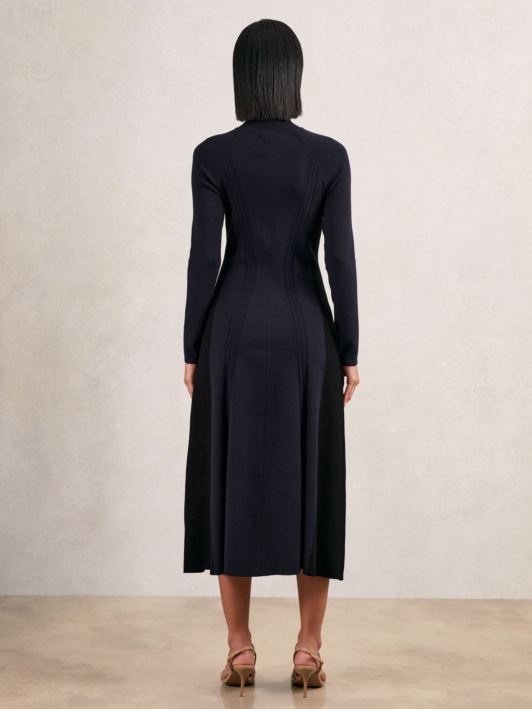 Petite Knitted Contrast-Panel Midi Dress in Navy/Black