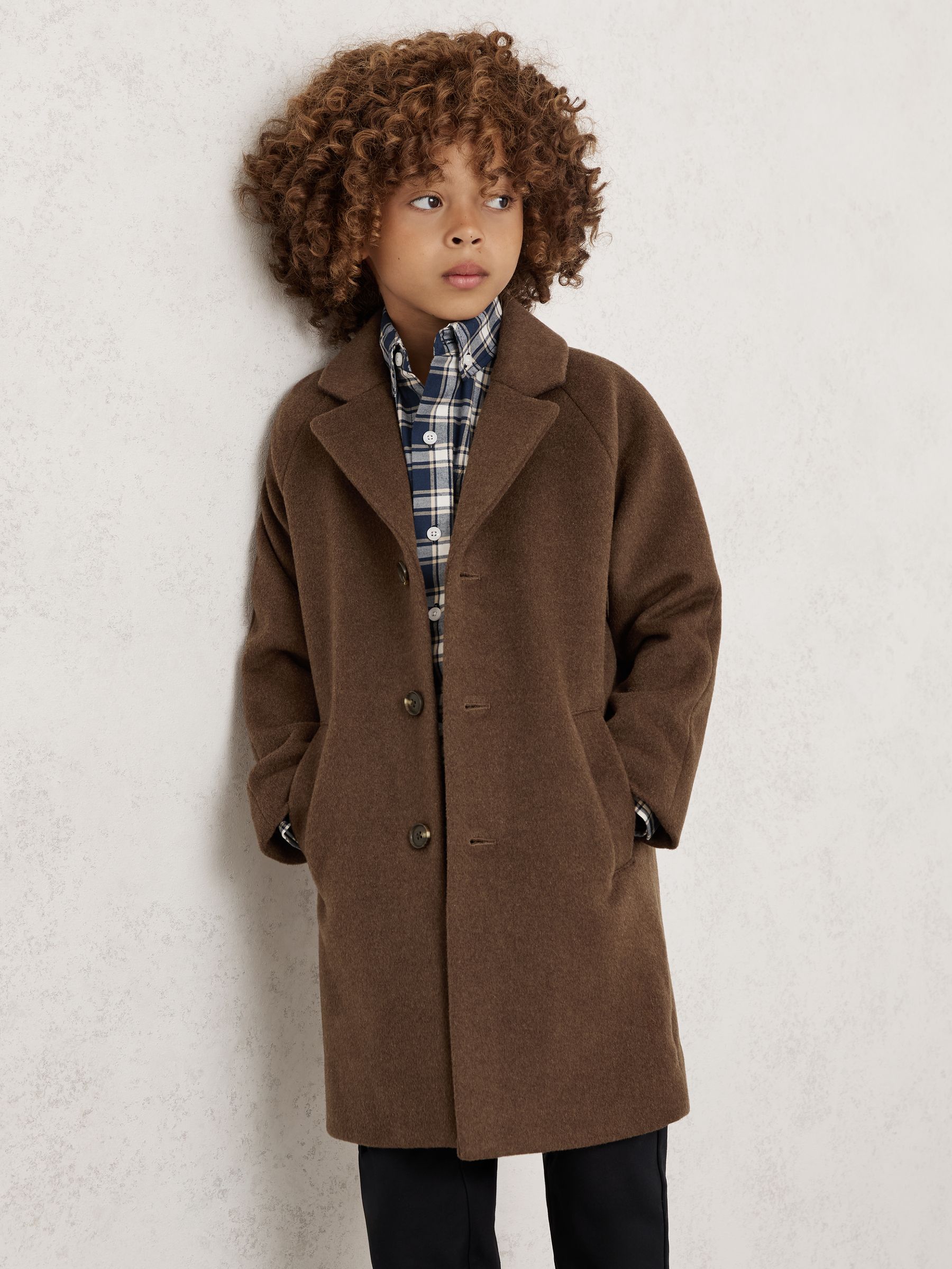 9-13 yrs Wool-Blend Raglan-Sleeve Overcoat in Light Brown