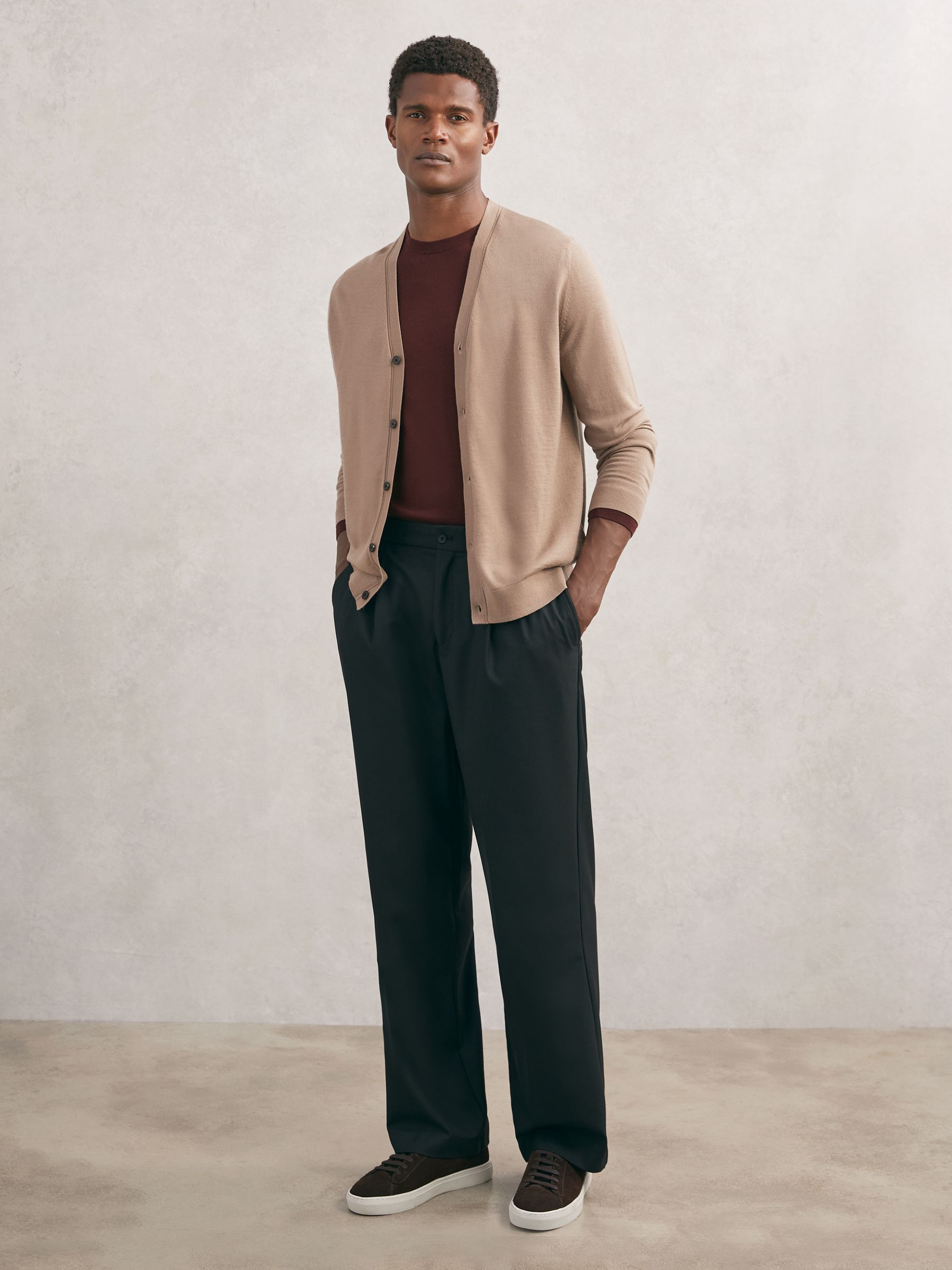 Merino Wool Button-Through Cardigan in Camel Brown