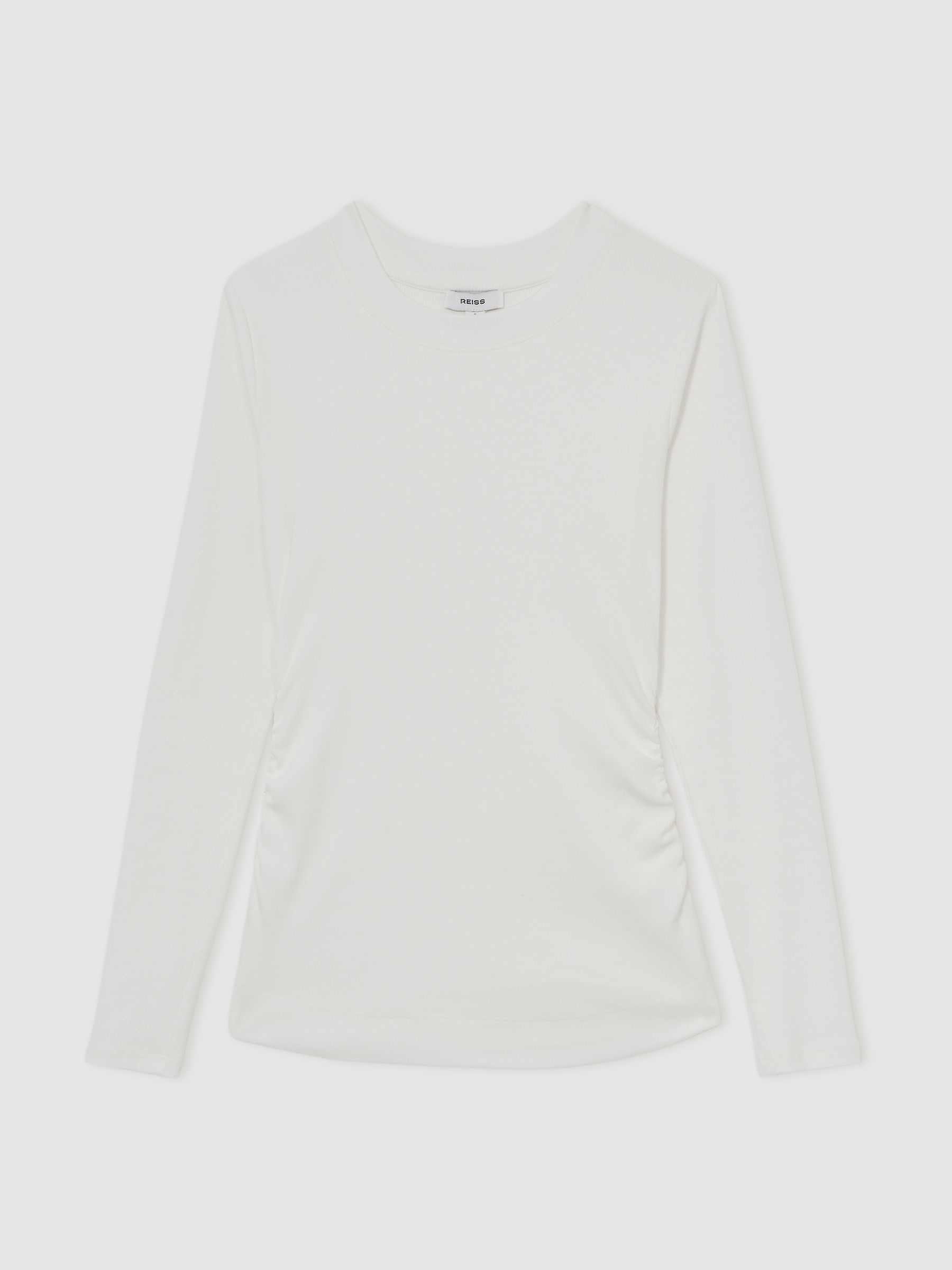Cotton Long-Sleeve Ruched T-Shirt with Stretch in White