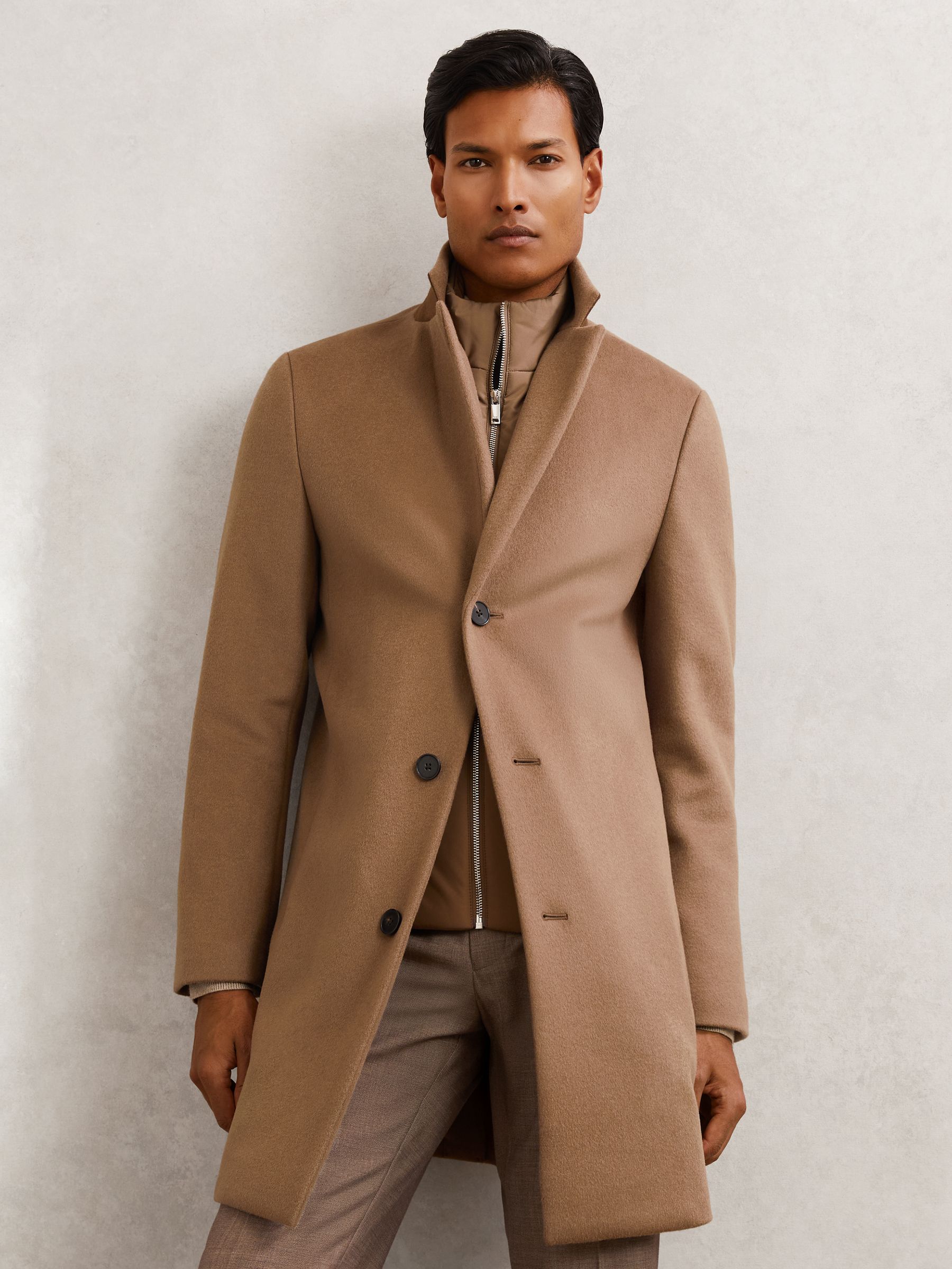 Wool-Blend Internal-Gilet Overcoat in Light Brown