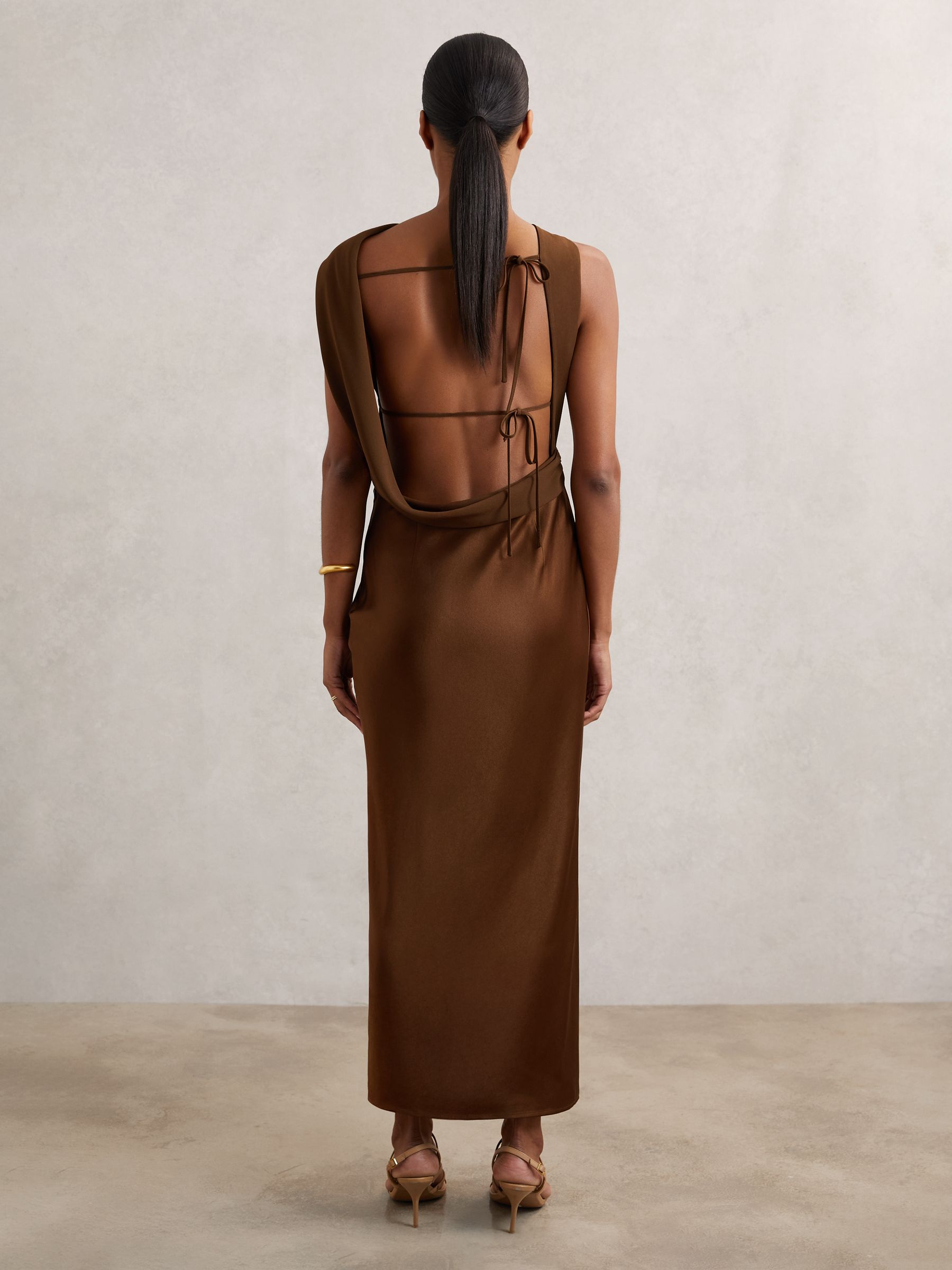 Satin Draped Open-Back Dress in Bronze