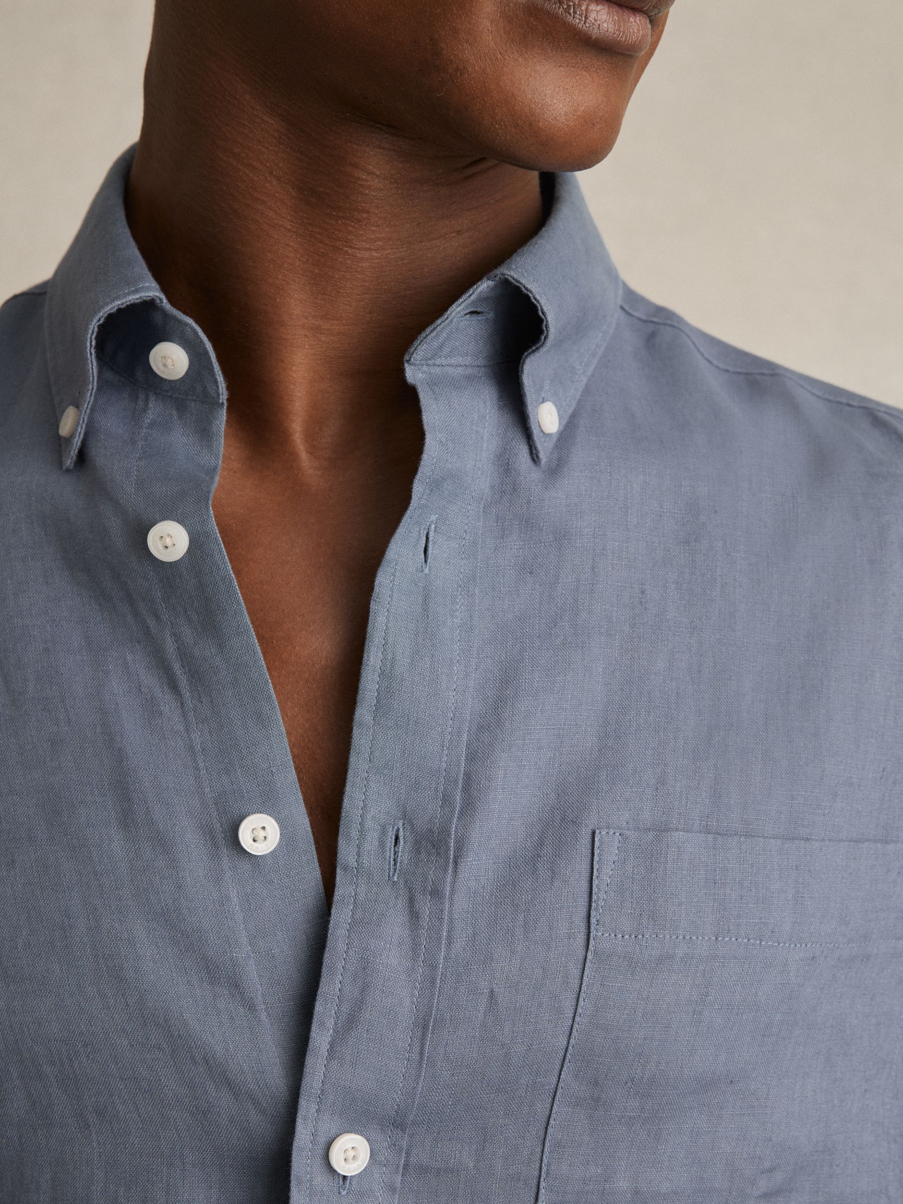 Linen Button-Through Shirt in Airforce Blue