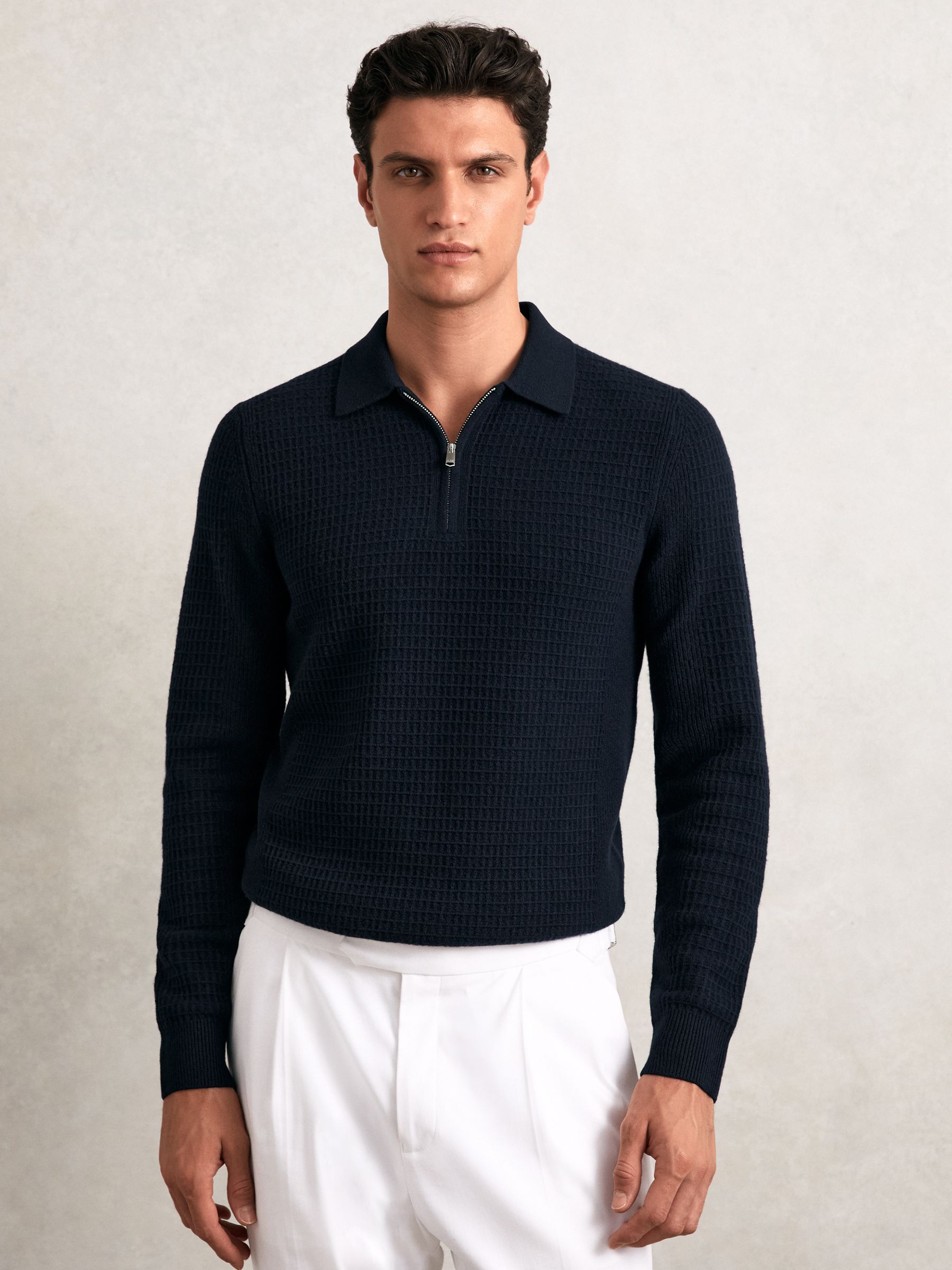 Wool Waffle-Knit Half-Zip Polo Shirt in Navy