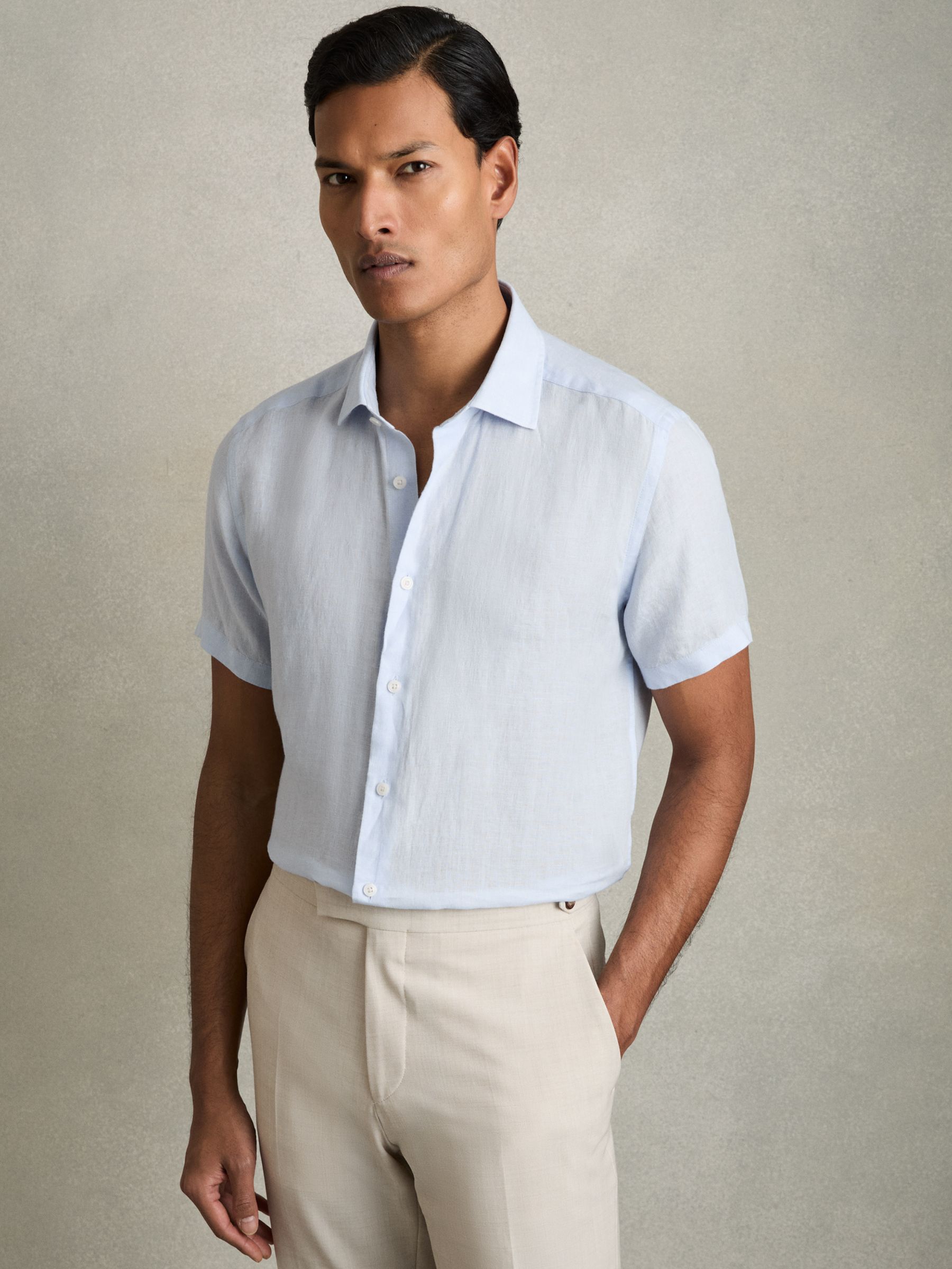 Slim Fit Linen Button-Through Shirt in Pale Blue