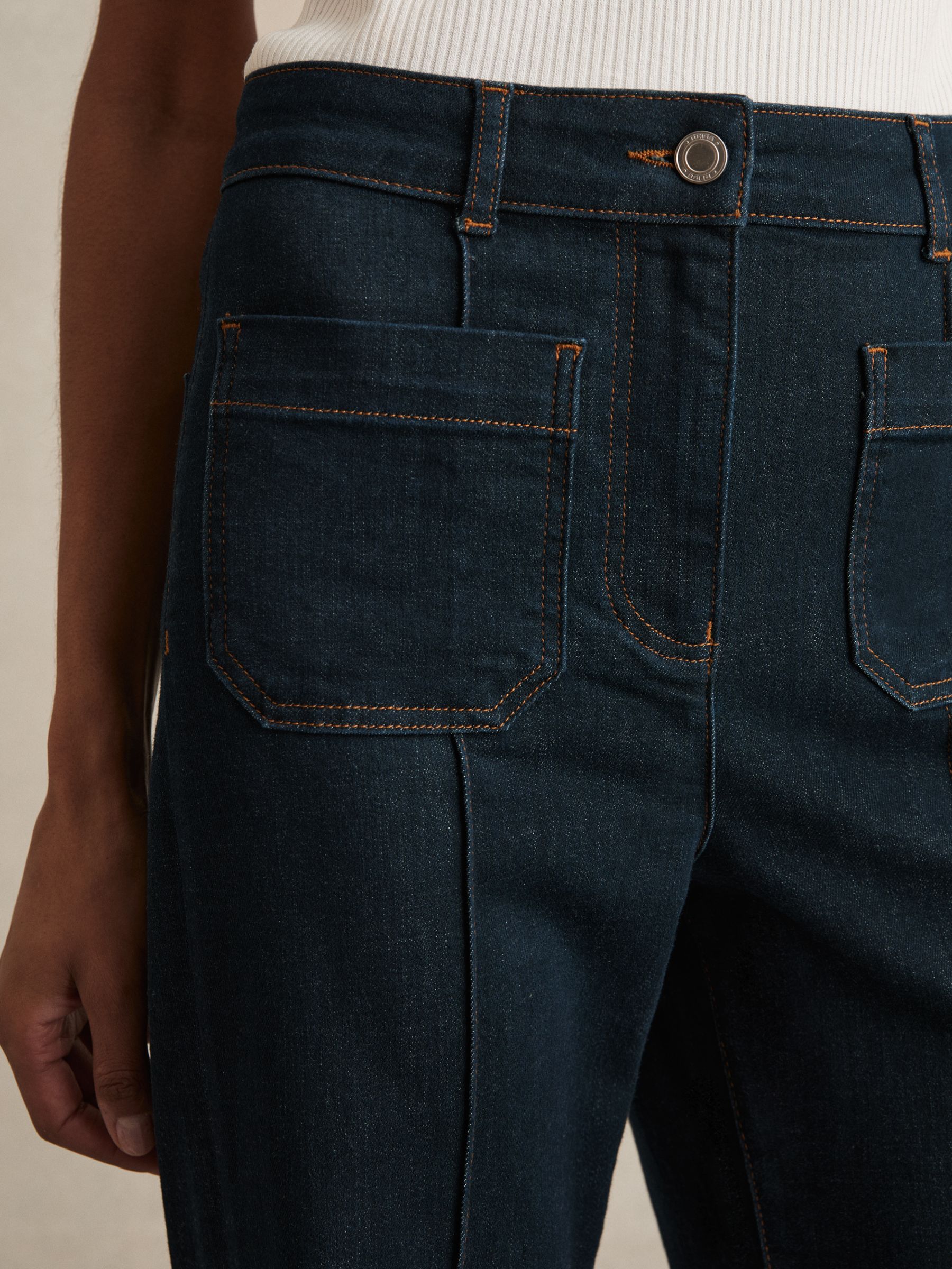Patch-Pocket Flared Jeans in Dark Blue
